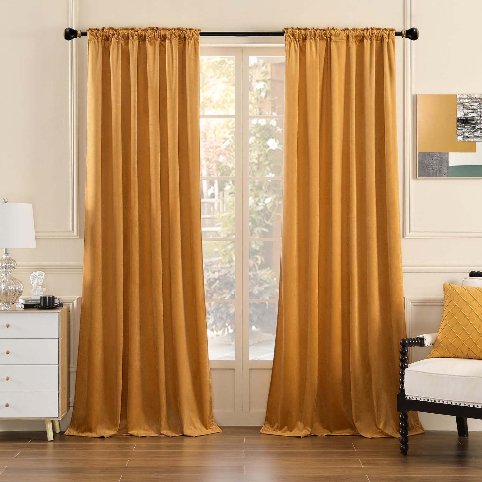 Nemia Mustard Yellow Velvet Curtains For Bedroom Window, Rod Pocket Thermal Insulated Luxury Vintage Heavy Blackout Curtain Velv