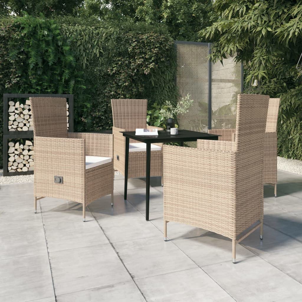 vidaXL 3-Piece Patio Dining Set with Cushions - Outdoor Garden Furniture Set - Powder-Coated Steel, PE Rattan - Glass Tabletop - Reclining Chairs - Beige and Black