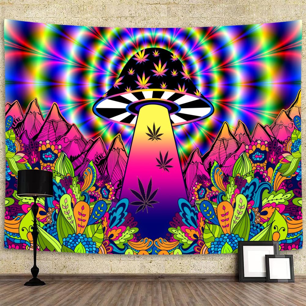 Jawo Trippy Psychedelic Mushroom Tapestry, Floral Flower Fantasy Mountain With Hypnotic Tapestry For Bedroom, Growvy Glow Vision