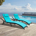 Gunji Lounge Chairs For Outside 3 Pieces Patio Adjustable Chaise Lounge Outdoor Wicker Lounge Chairs Set Of 2 With Table Folding Chaise Lounger For Poolside, Deck, Lawn (Blue)