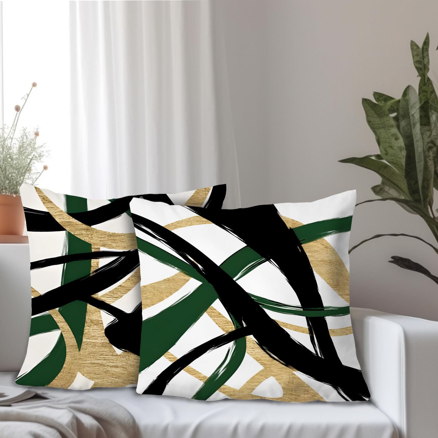 Supwhd Black Gold And Green Pillow Covers, Abstract Black And Gold Pillow Covers 16X16 Set Of 2, Modern Boho Decorative Throw Pi