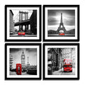 ENGLANT 4 Pieces Framed Canvas Wall Art, Black White and Red Wall Decor Landscape Poster with Eiffel Tower, Brooklyn Bridge, Lon