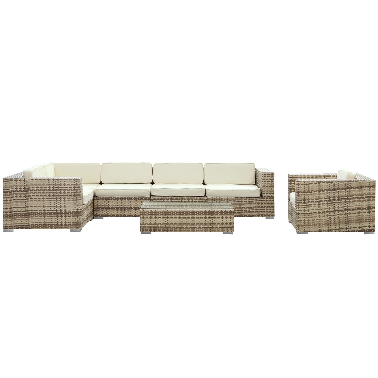 Lexmod Corona Outdoor Wicker Patio 7-Piece Sectional Sofa Set In Sepia With White Cushions