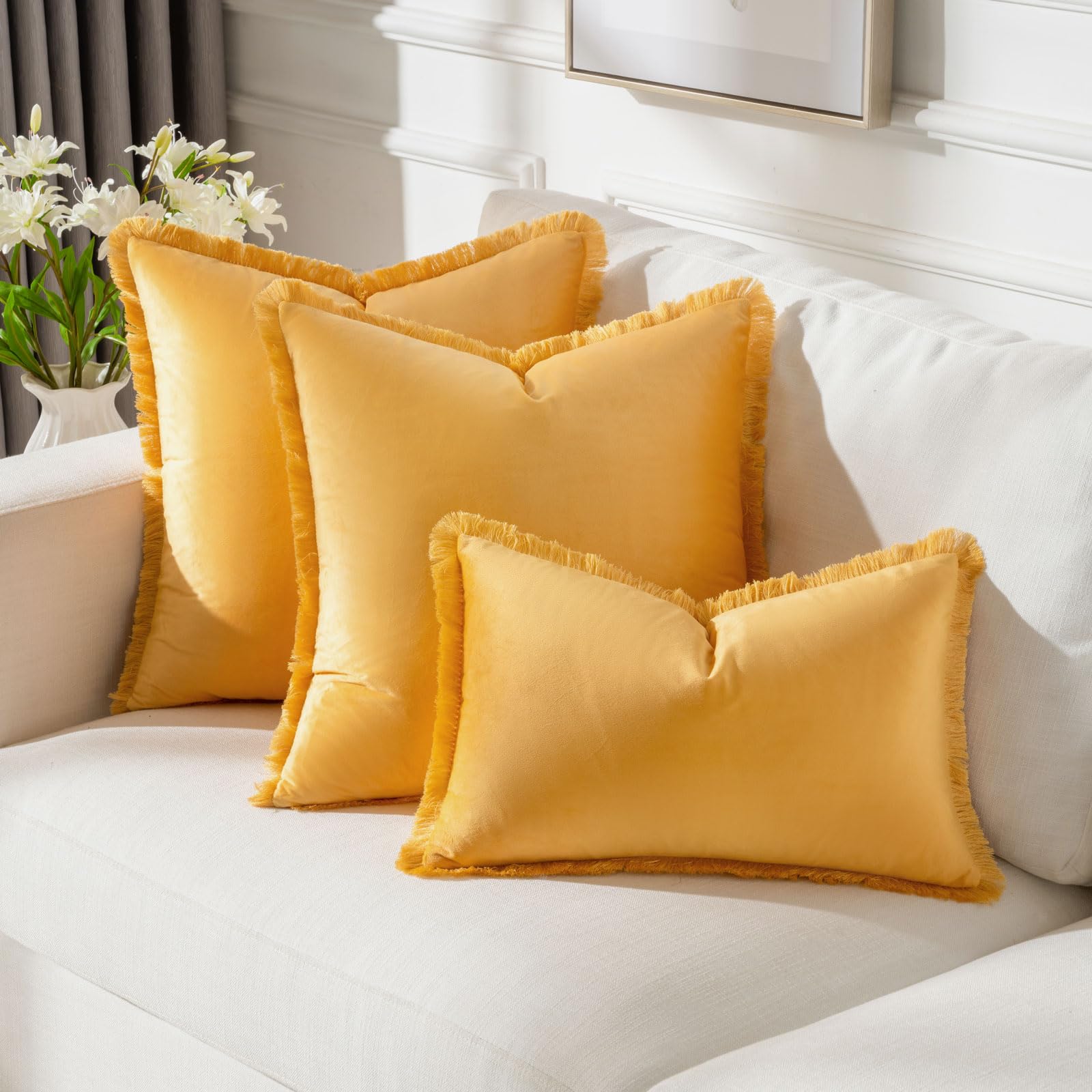 Futei Orange Boho Throw Pillow Covers With Tassels 12X20 Inch Set Of 2,Soft Velvet Lumbar Pillow Cases,Home Decor For Couch Livi