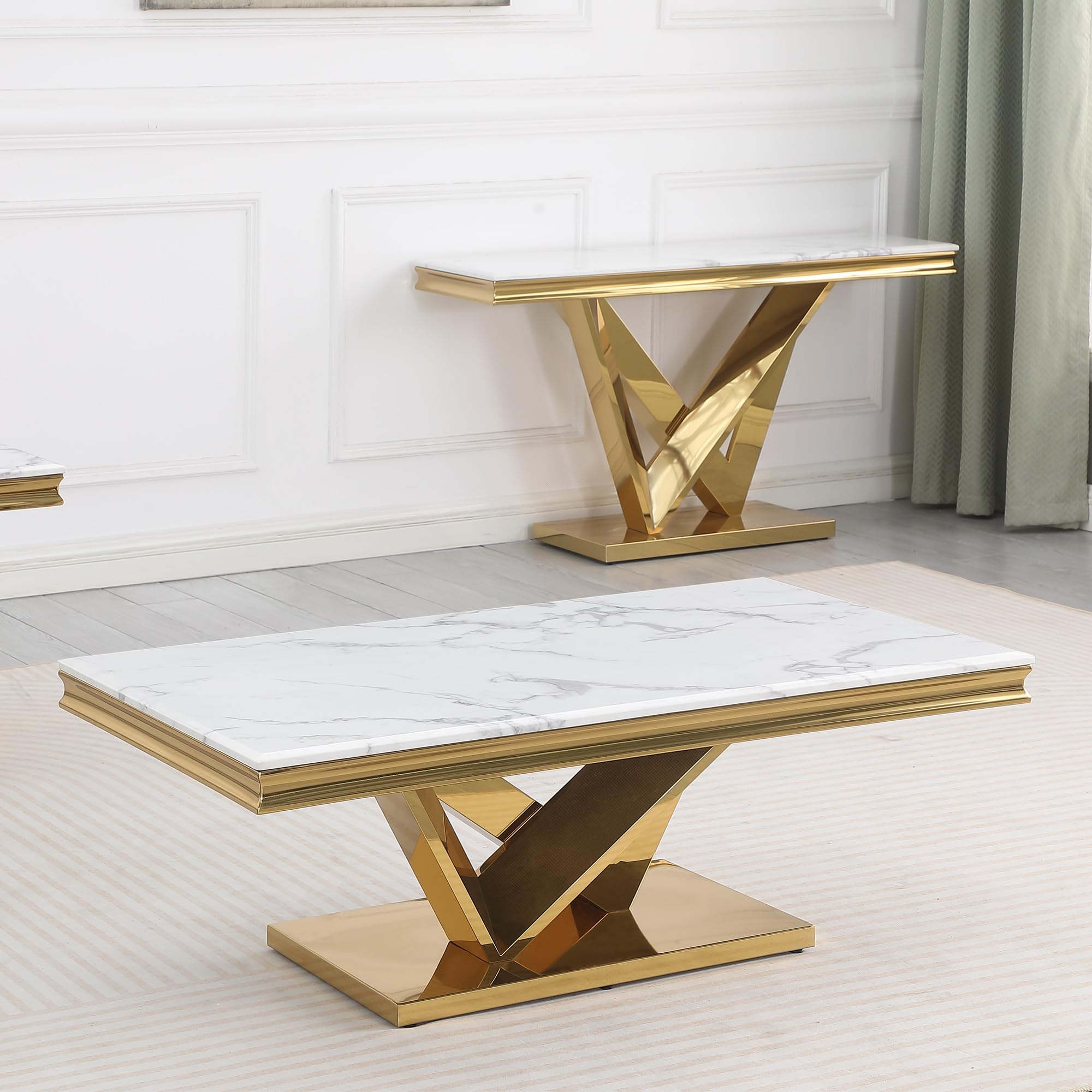 Best Master Furniture Thiago Contemporary White Rectangular Stone Coffee Table - Thumbnail 3