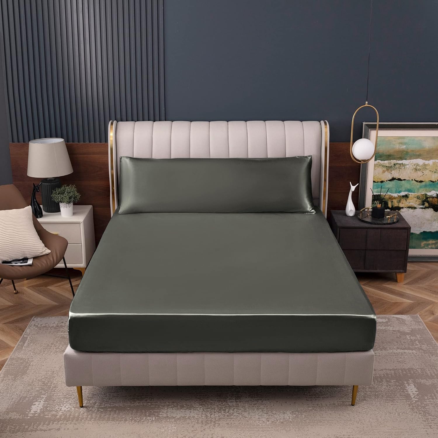 Homiest Dark Grey Satin Fitted Sheet Full Size Fitted Bed Sheet, Deep Pocket Fitted Sheet Only, Luxury & Ultra Soft Bedding Fitted Sheet Single Bottom Bed Sheets Sold Separately