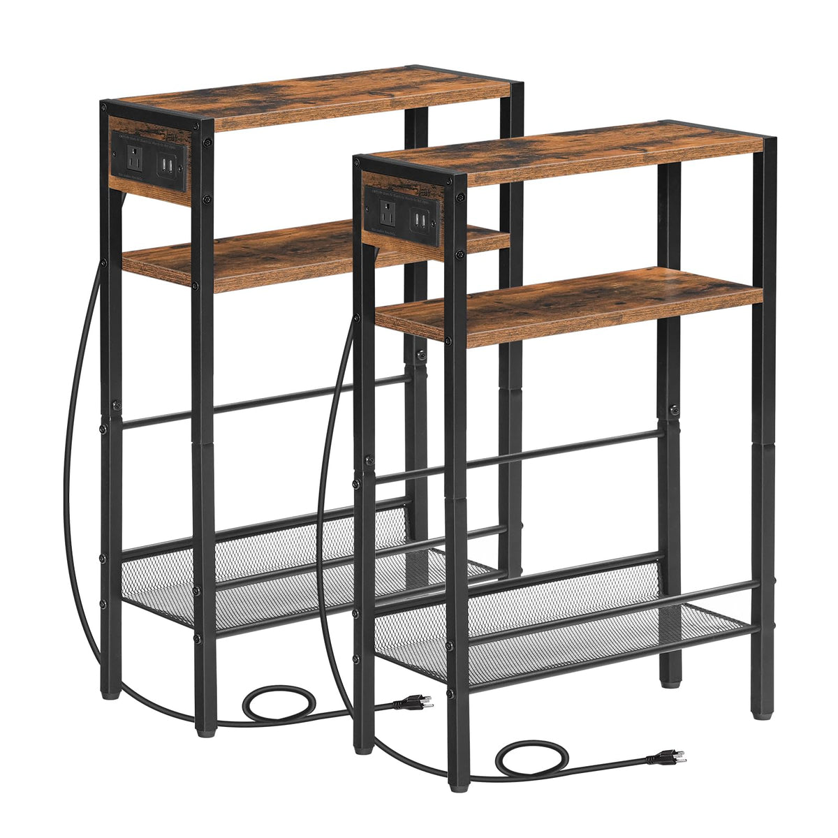 Hoobro Small Narrow Side Table With Charging Station Set Of 2, Skinny End Table For Small Spaces, Slim Nightstand With Usb Ports Outlet, Sofa Beside Table With Storage Shelf Bf102Ubzp201