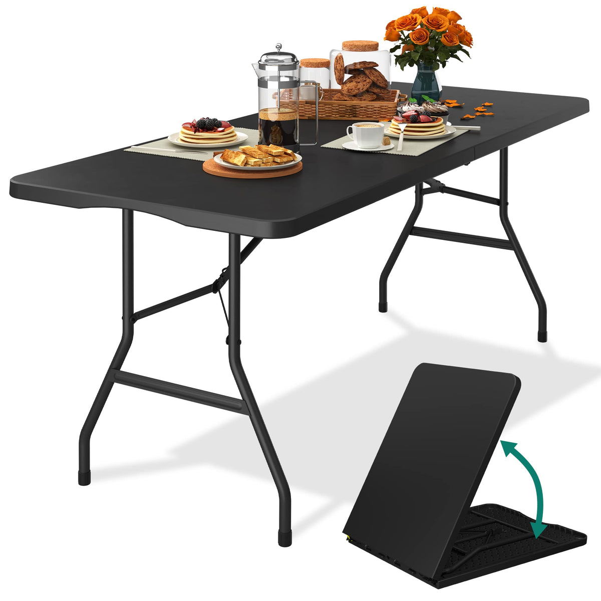 Yitahome Folding Tables Heavy Duty Folding Table 6Ft With Carrying Handle Plastic Fold Up Table For Outdoor Camping Picnic Parties/Indoor Events All In Black