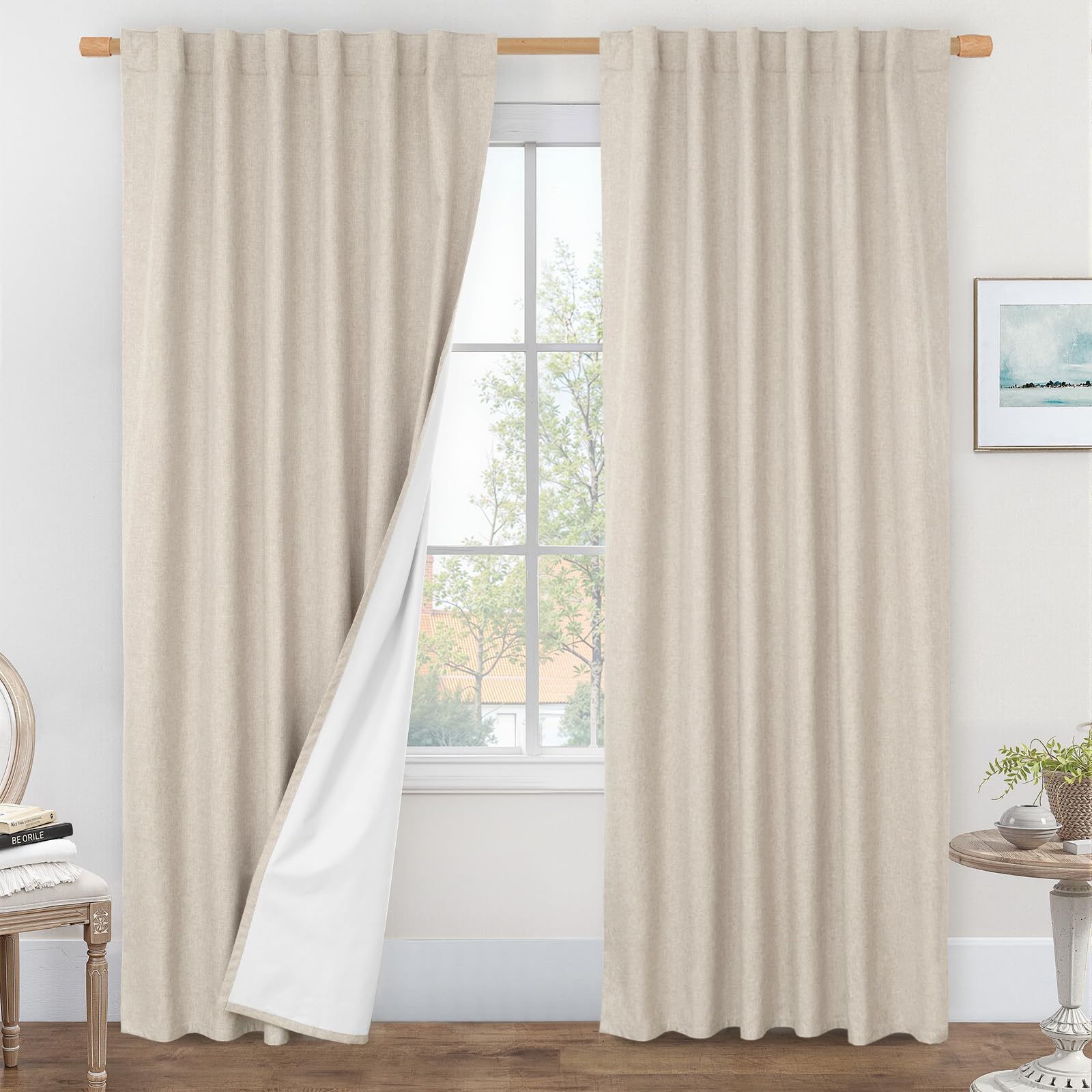 LAMIT Oatmeal 100% Blackout Linen Curtains, 84 Inch Linen Textured Living Room Farmhouse Curtains Room Darkening Back Tab and Ro