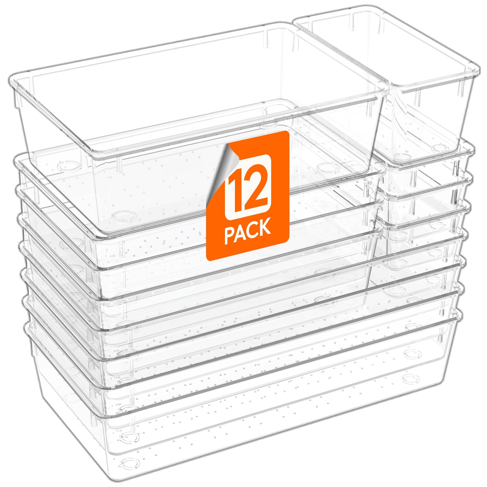 Lifewit 12 Pcs Large Bathroom Drawer Organizers, 3 Sizes Clear Plastic Storage Organizer Trays For Make Up, Kitchen Utensils, Va