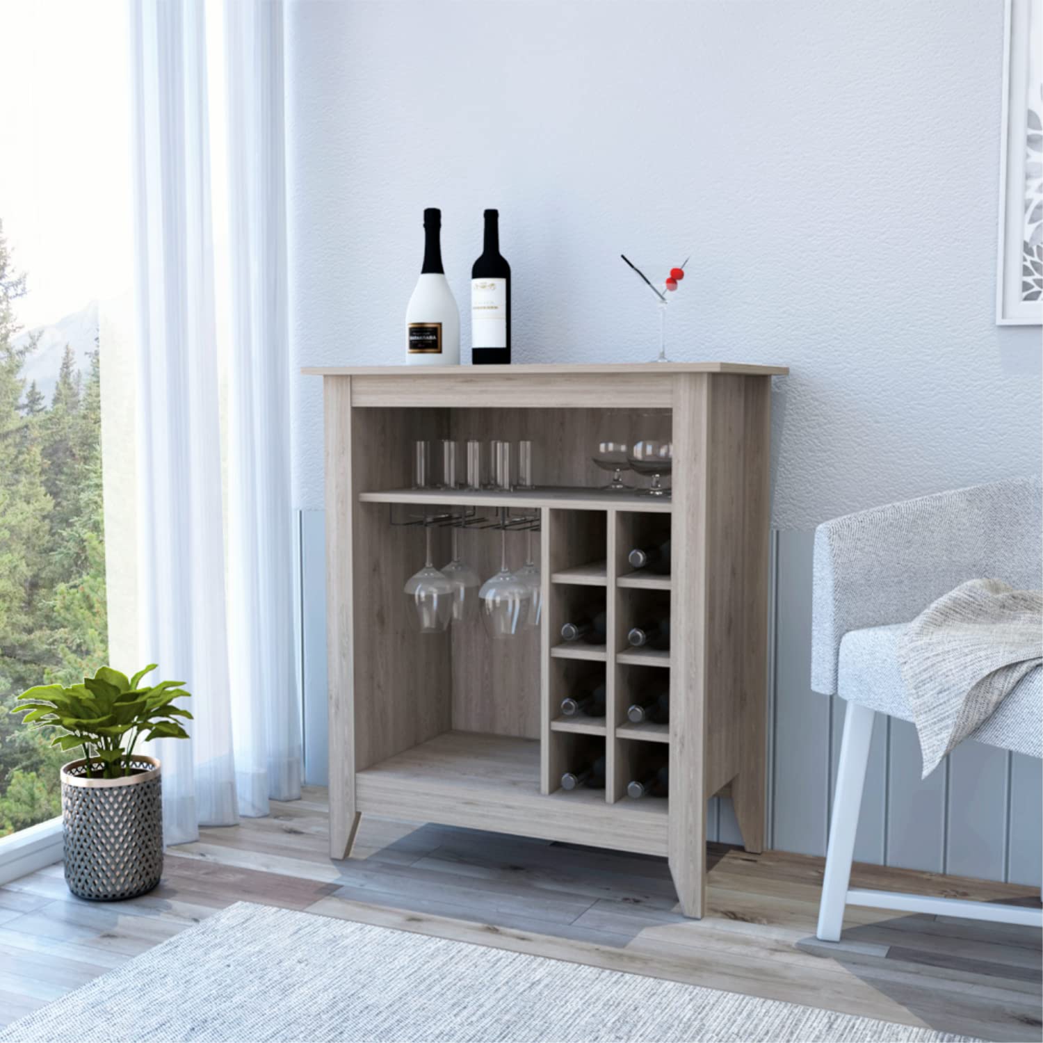 Bar- Coffee Cart 38&quot;&quot; H, Kitchen Or Living Room Cabinet Storage, with 8 Bottle Racks, A Central Shelf with 1 Cup Holders, Ideal for Storing Glasses, Light Gray