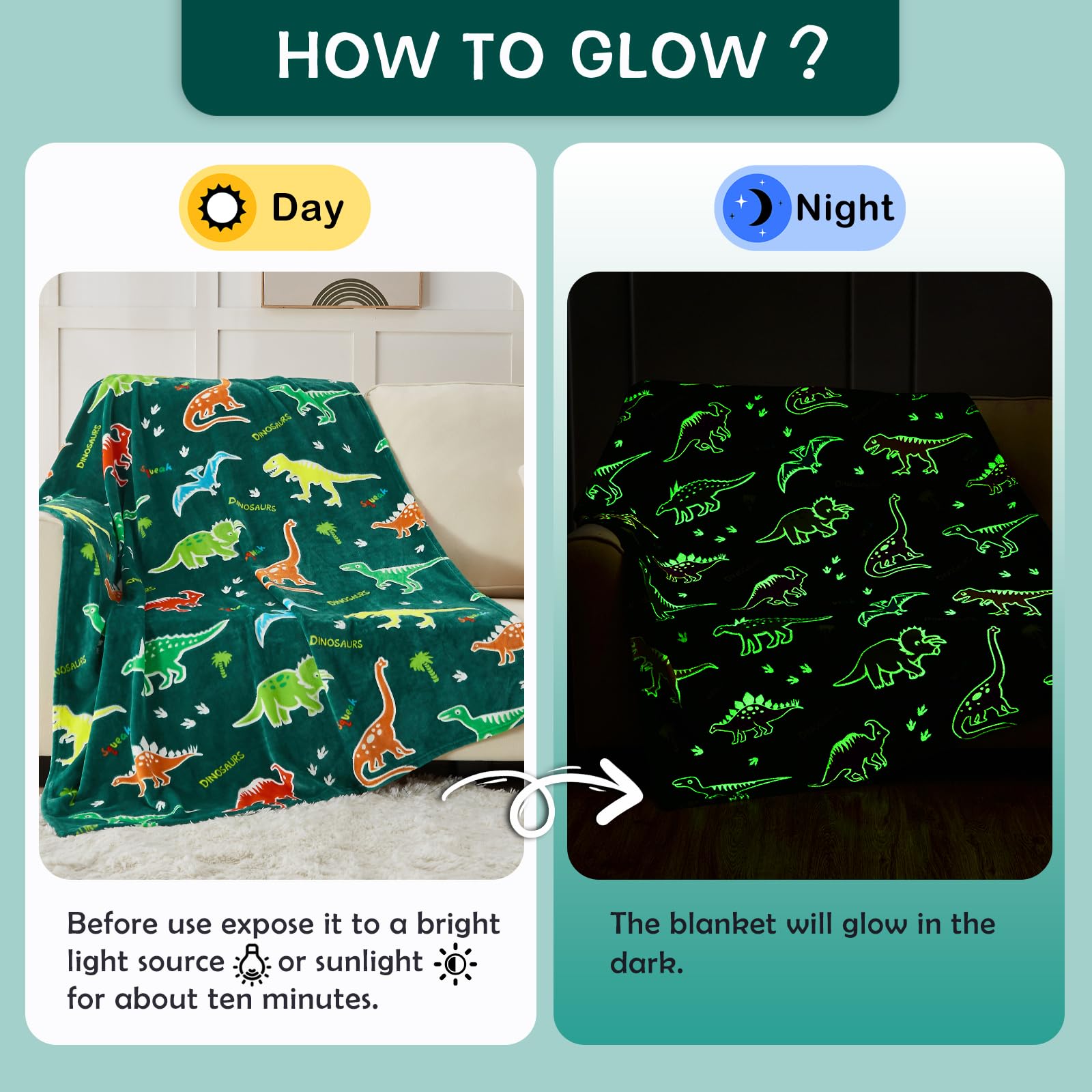 Sochow Glow In The Dark Dinosaur Blanket For Sons Daughters, Toys For 3-10 Year Old Preteen Teen Birthday Presents, Soft Cozy Fl