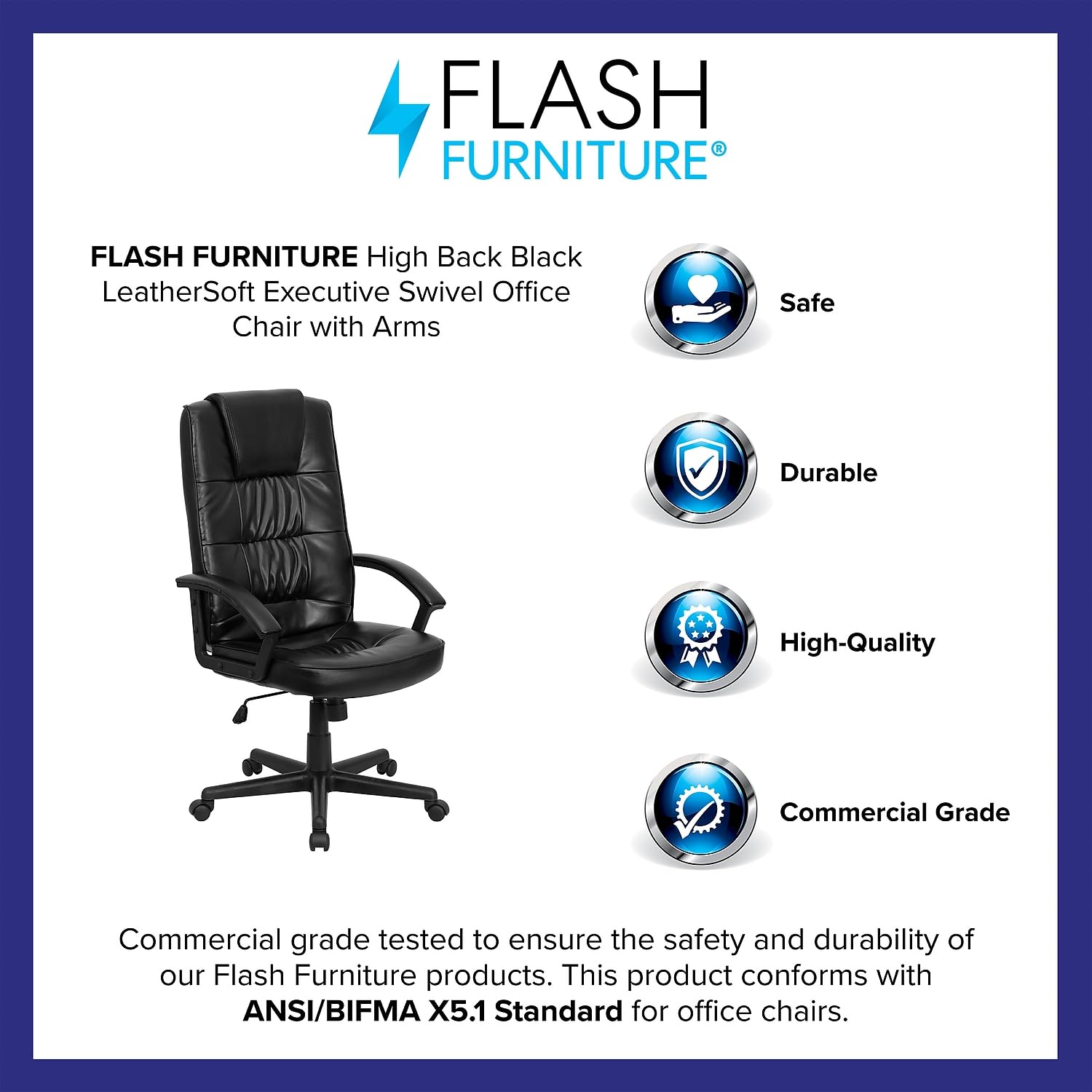 Flash Furniture Nora High Back Black LeatherSoft Executive Swivel Office Chair with Arms