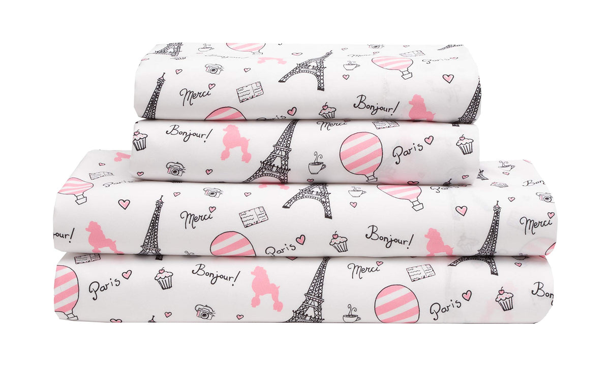 Mallary By Mathhew Kids Super-Soft 100% Microfiber Print Sheet, Bonjour Paris, Twin