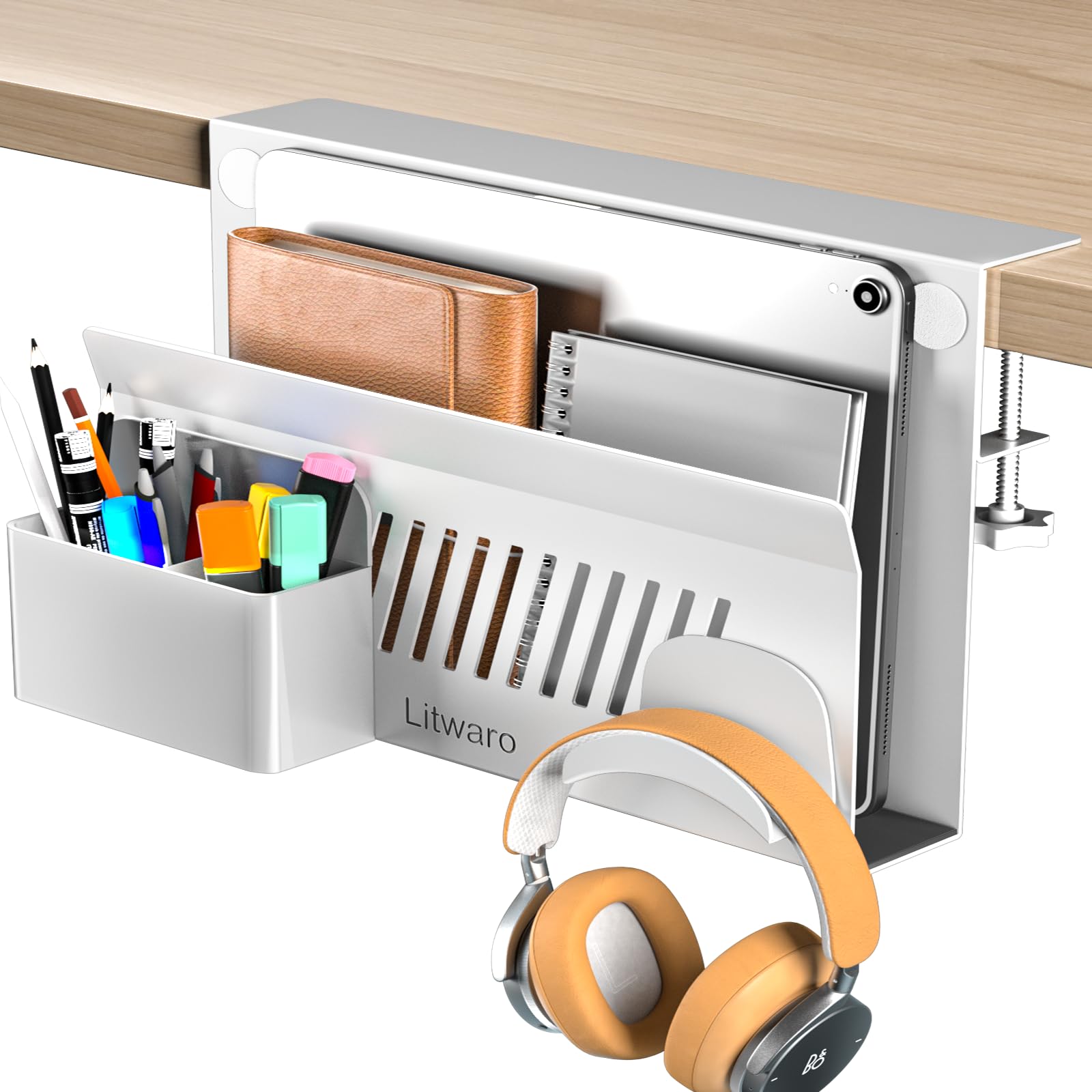 Litwaro Desk Side Storage Organizer, Under Desk Laptop Holder Clamp On Desk Shelf, No Drill Laptop Desk Mount With Magnetic Pen