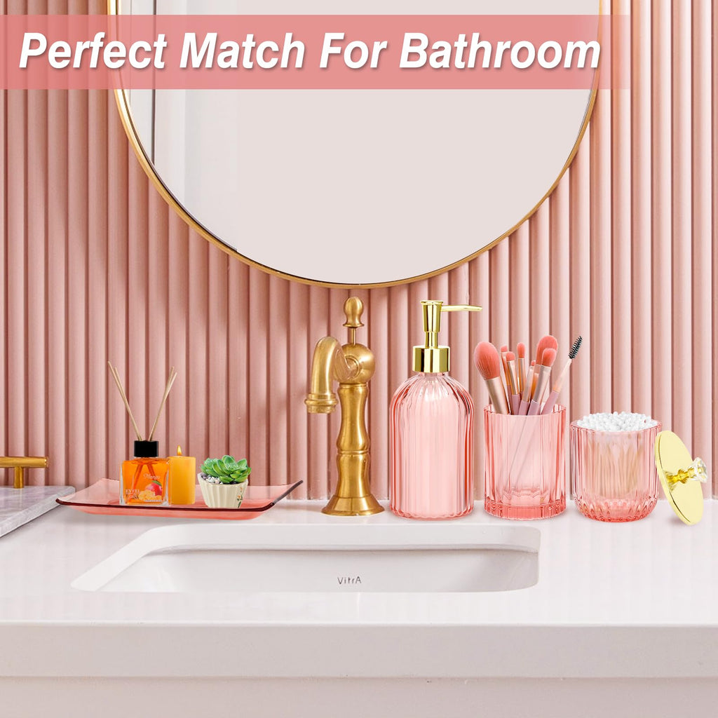 Jenseits Pink Bathroom Accessories Set, 4 Pcs Glass Bathroom Accessory Sets, Soap Dispenser, Toothbrush Holder, Qtip Holder, Van