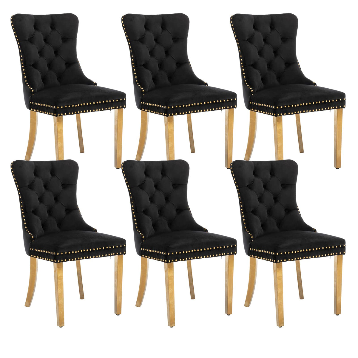 Black Dining Chairs Set Of 6,Velvet Upholstered Dining Room Chairs With Back Ring Pull Trim And Golden Stainless Steel Legs,Mode