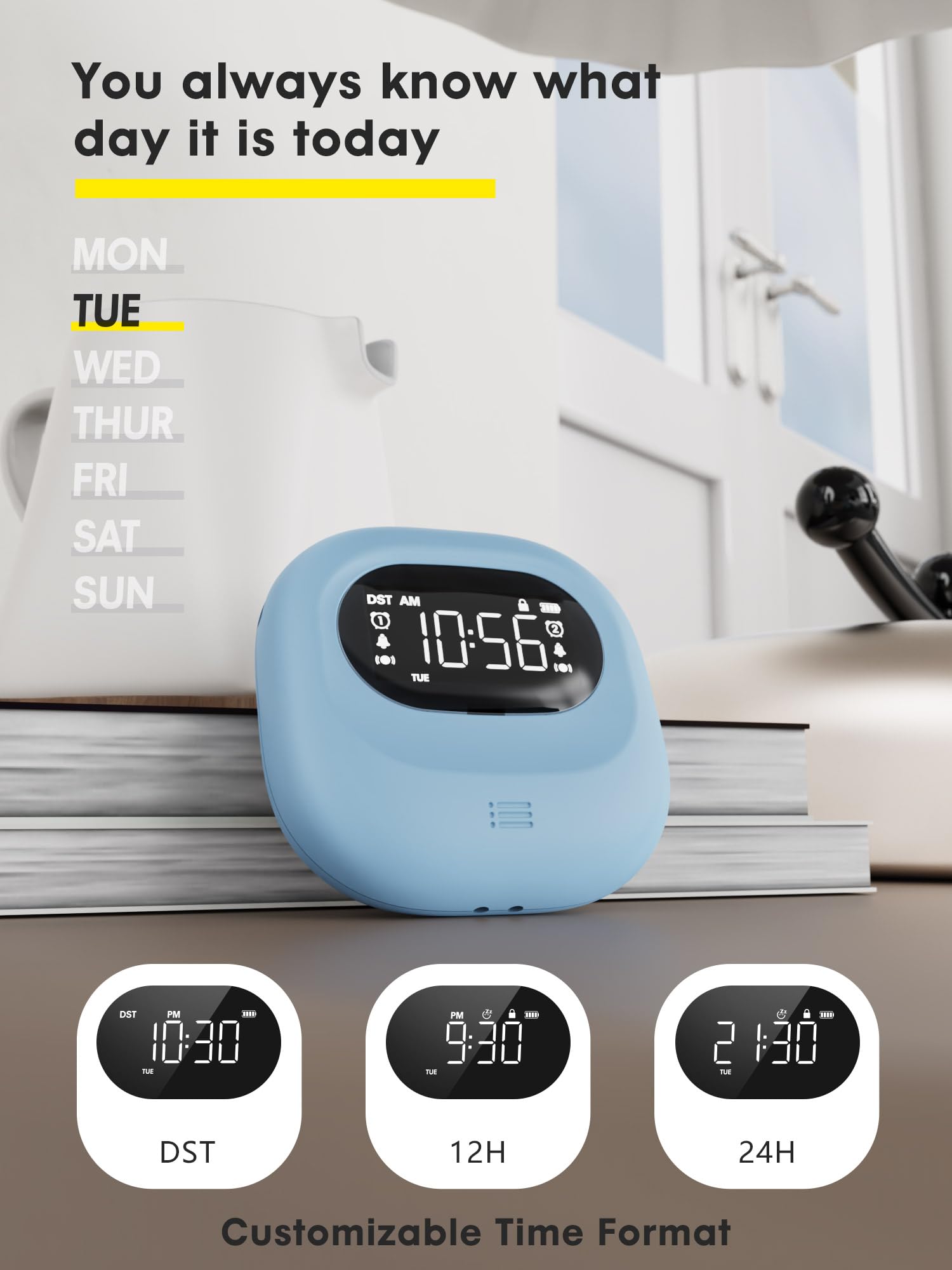 ROCAM Loud Dual Alarm Clock with Bed Shaker, Portable Blue Vibrating Alarm for Heavy Sleepers, Rechargeable, 12/24H, 3 Wake-up Modes