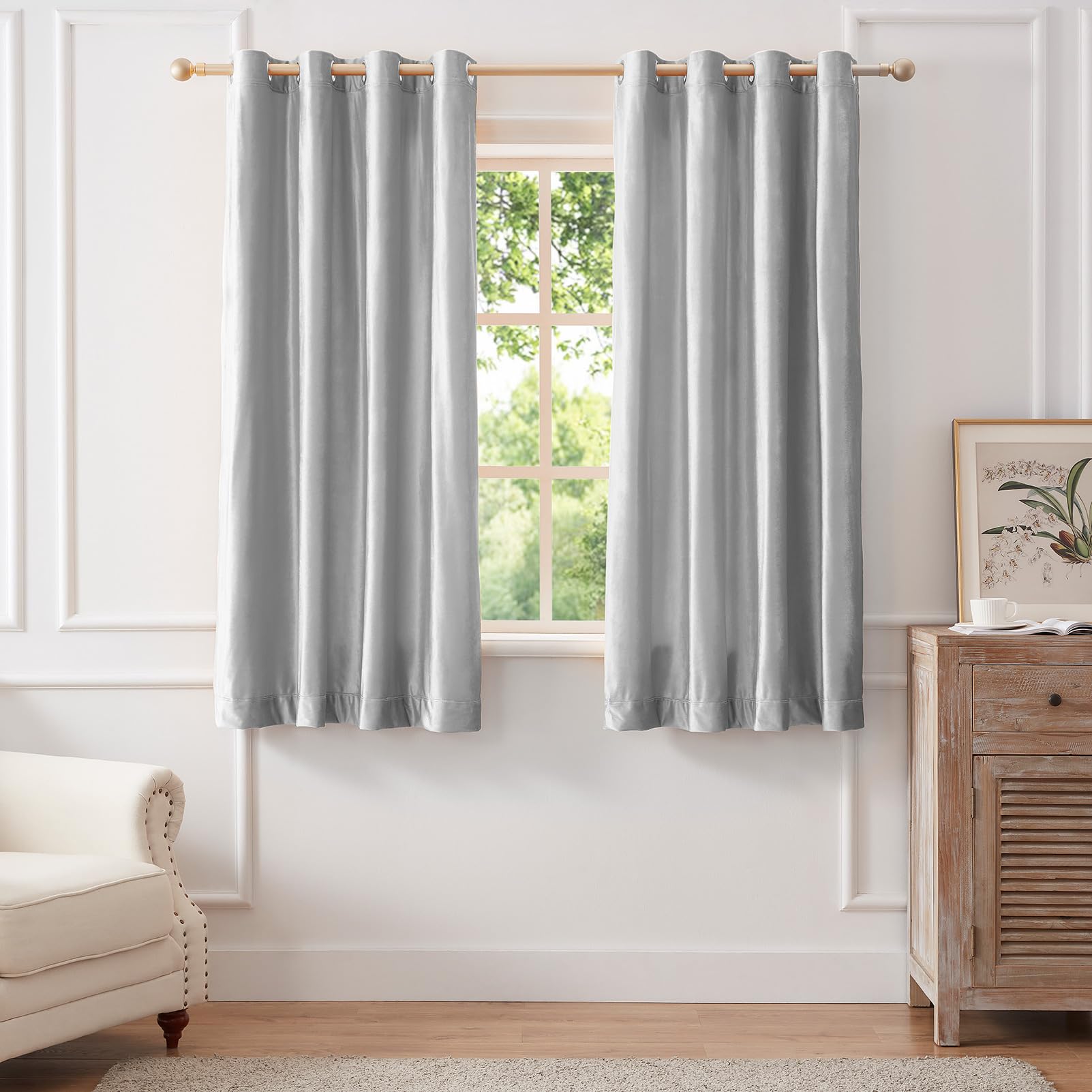 Bulbul Velvet Curtains 63 Inch Length For Living Room Modern Light Grey Window Drapes Darkening Grommet Curtains For Bedroom 2 P