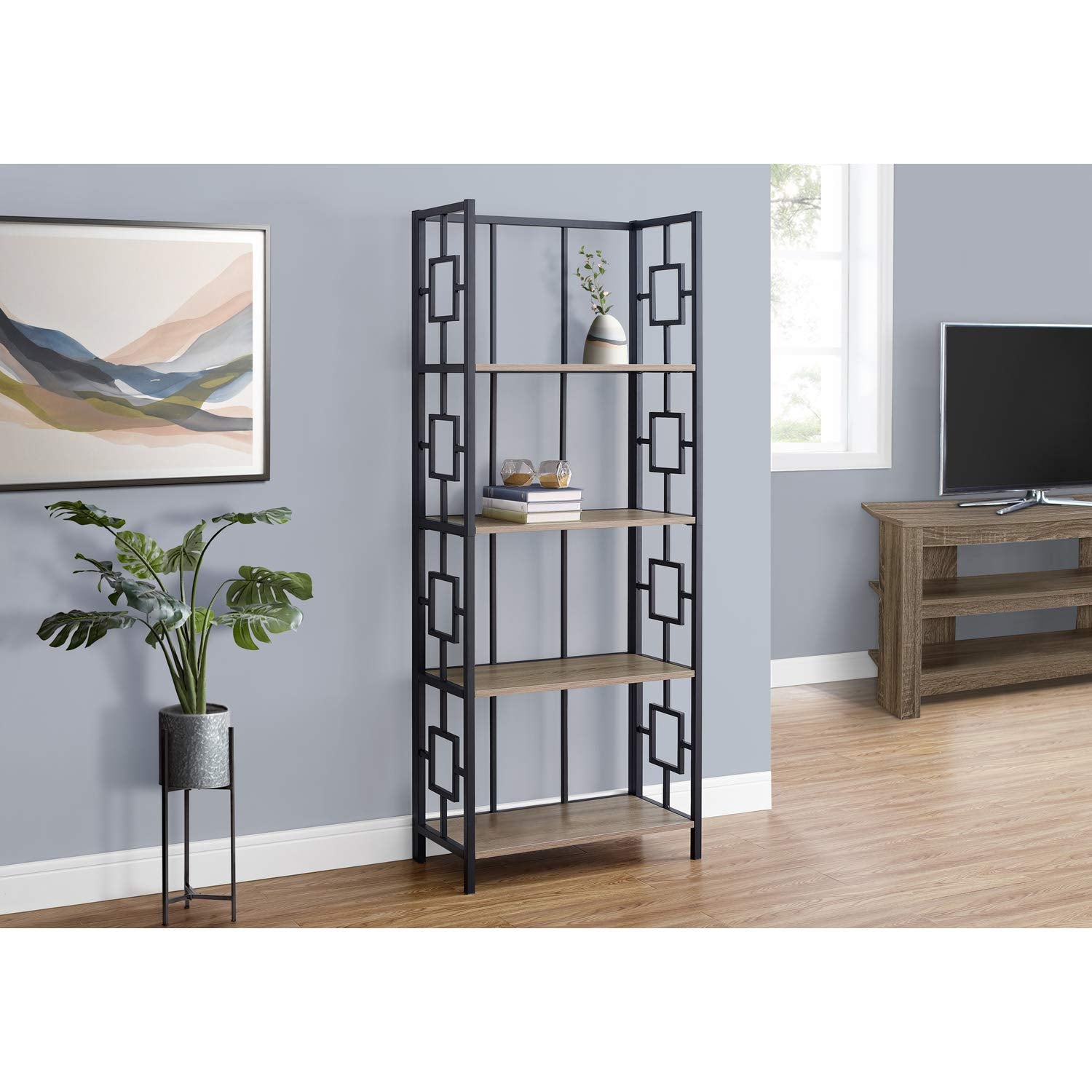 Monarch Specialties I 3616 Bookshelf, Bookcase, Etagere, 4 Tier, 62&quot; H, Office, Bedroom, Metal, Laminate, Brown, Black, Contemporary, Modern