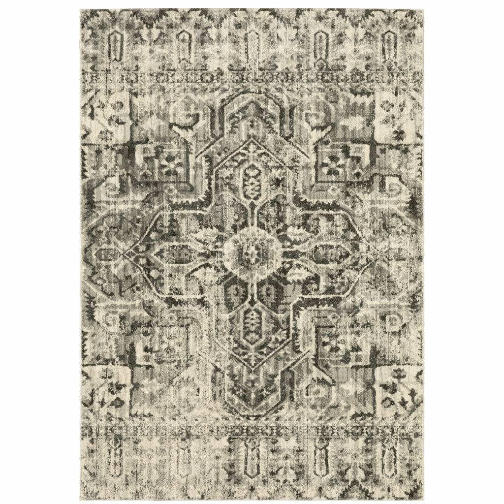 HomeRoots 508845 10 x 13 ft. Gray Ivory & Brown Oriental Power Loom Stain Resistant Rectangle Area Rug