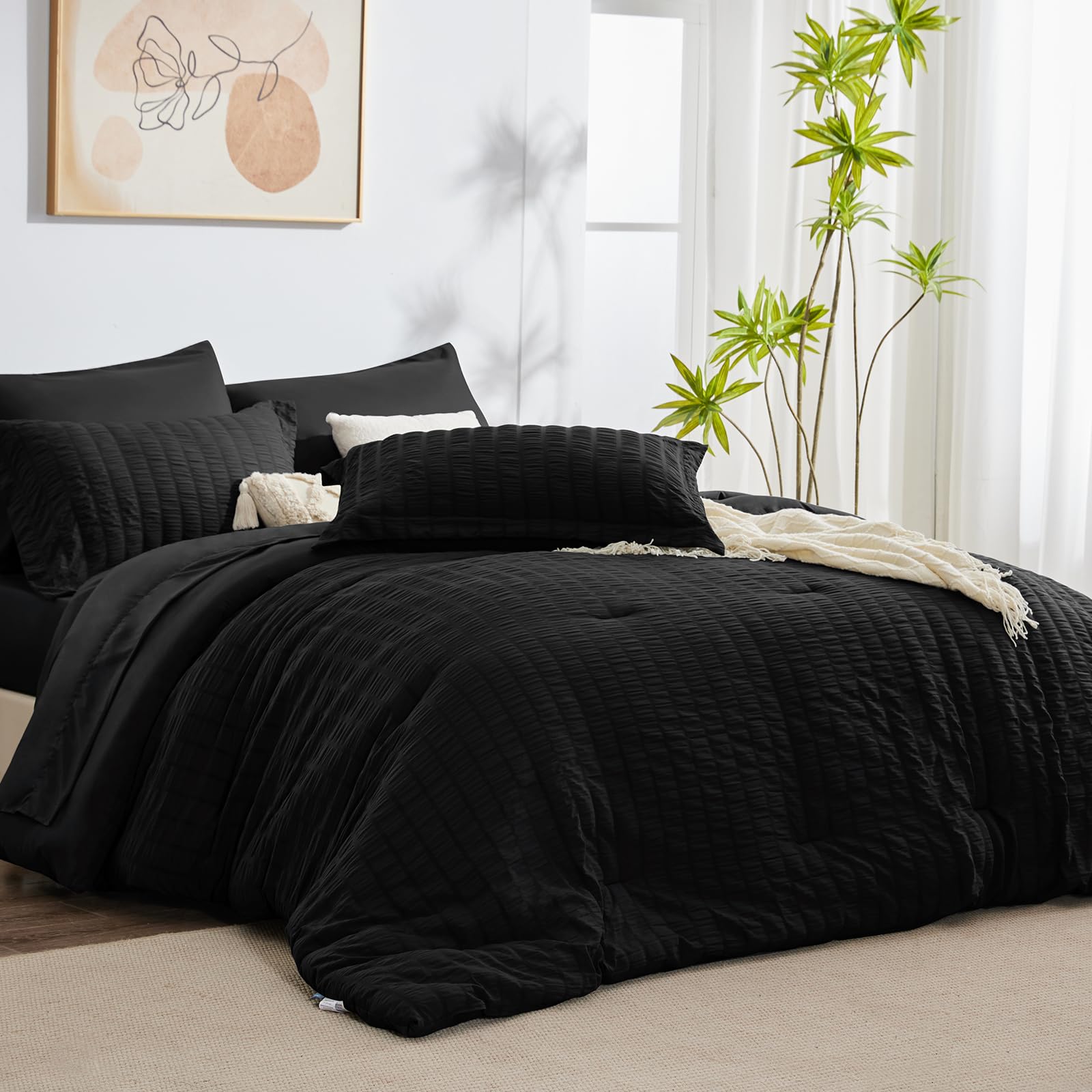 Cozylux King Seersucker Comforter Set With Black Bed In A Bag 7-Pieces All Season Bedding With Comforter, Pillow Sham, Flat Sheet, Fitted Sheet, Pillowcase