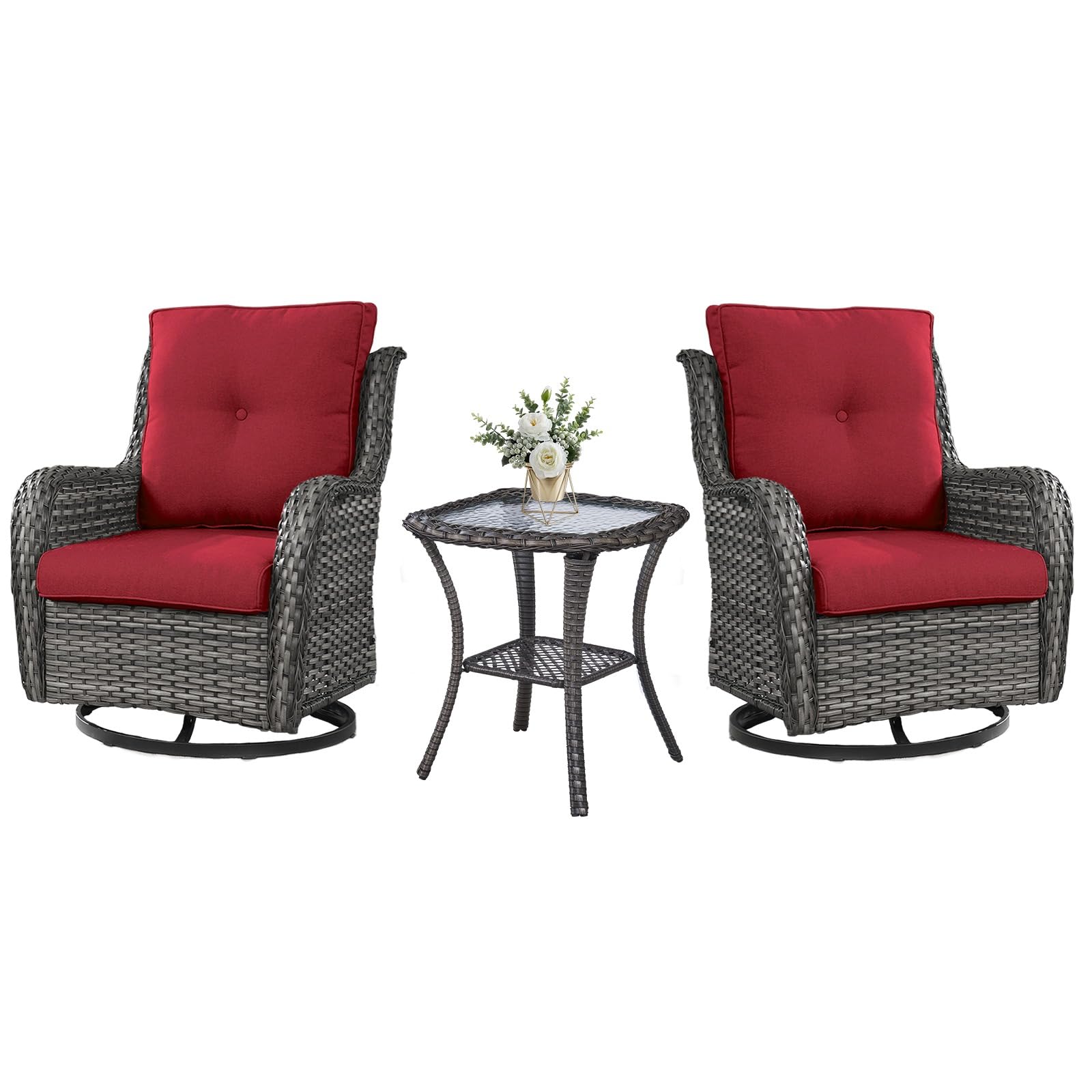 Belord Outdoor Swivel Rocker Wicker Chairs Set Of 3, High Back Swivel Patio Chairs Wicker Furniture Set, 2 Pcs Rattan Swivel Rocking Chair With Side Table, Red Cushion