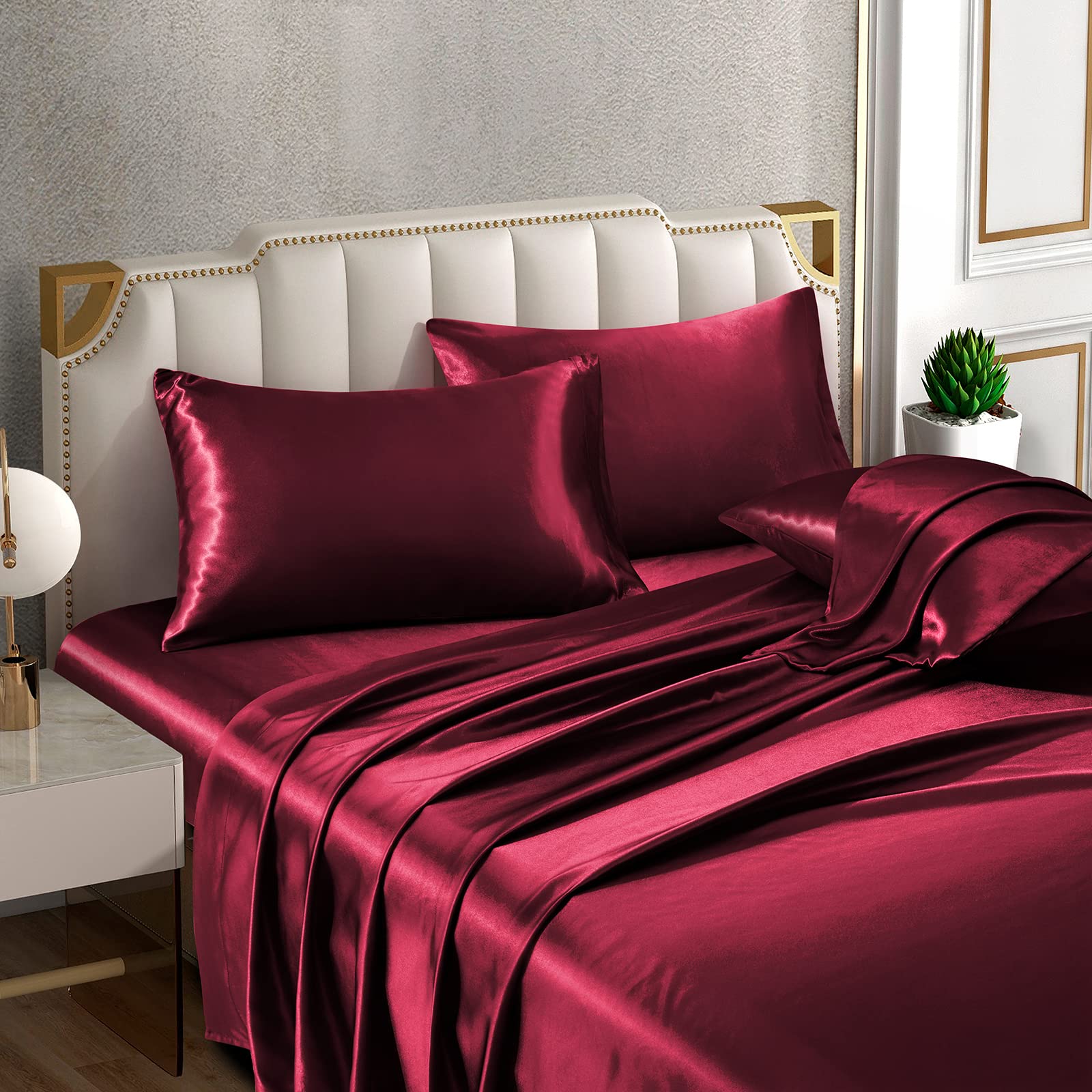 Horbaunal 6 Piece Satin Sheet Set Queen Size Luxury Silky & Soft Burgundy Satin Queen Bed Sheet Set With 16'' Deep Pocket, 1 Fit