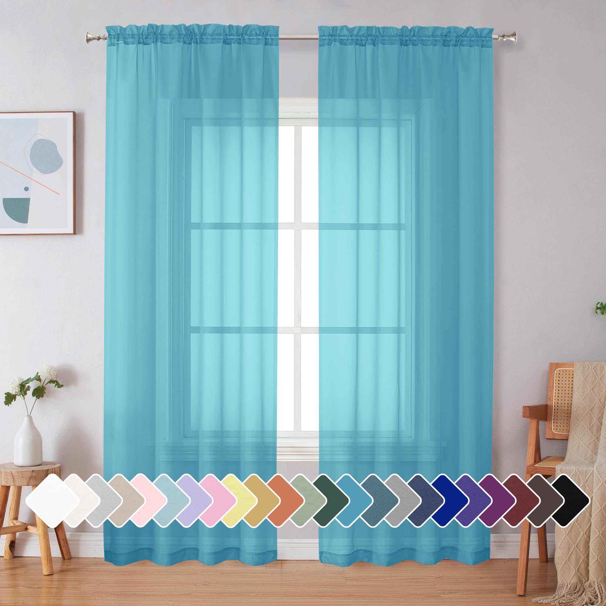 Simplebrand Turquoise Sheer Curtains 84 Inches Long 2 Panels, Light Filtering Rod Pocket Solid Color Window Sheer Curtain Panels