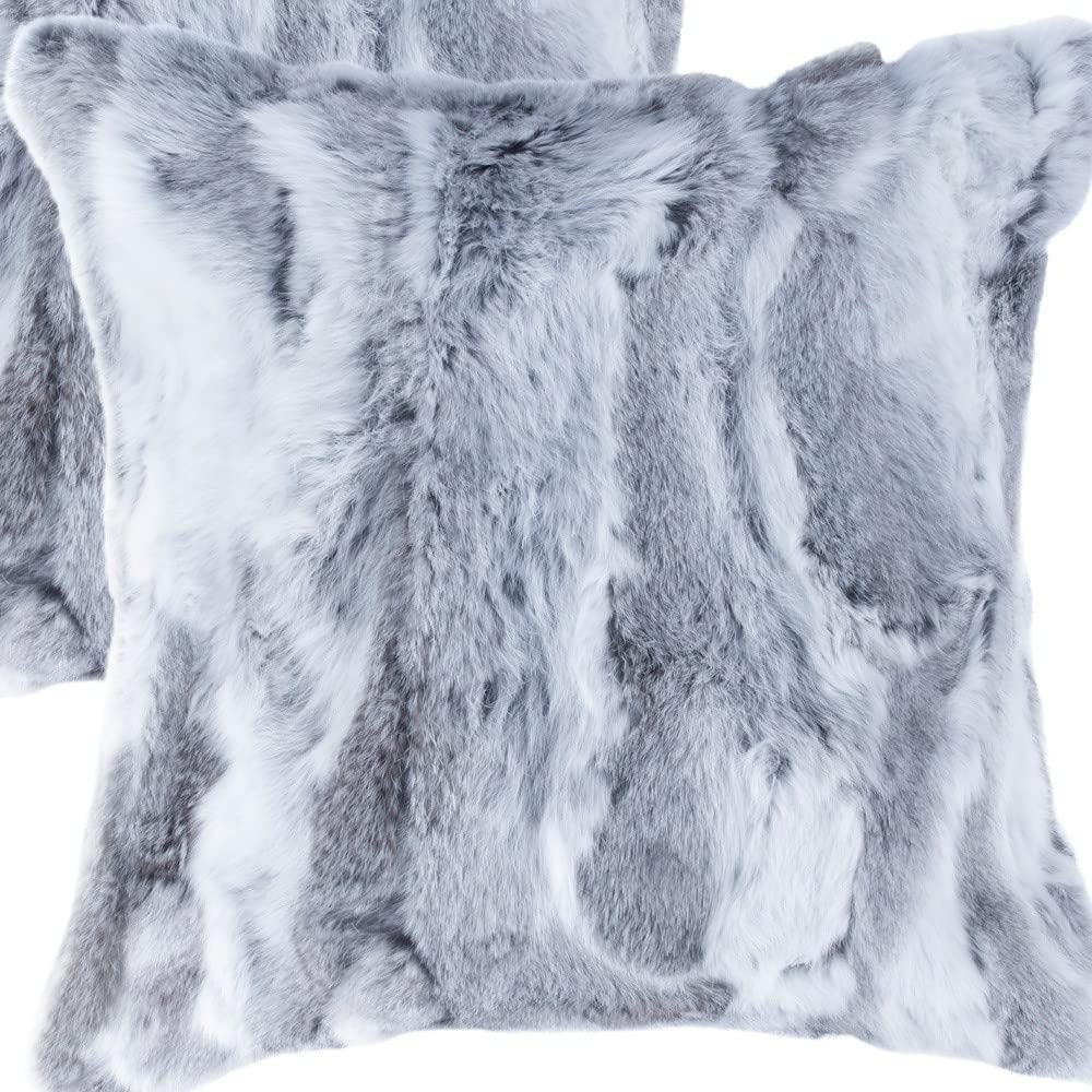 HomeRoots 100% Natural Rabbit Fur and Microsuede Set of Two 18' Grey Rabbit Natural Fur Throw Pillows