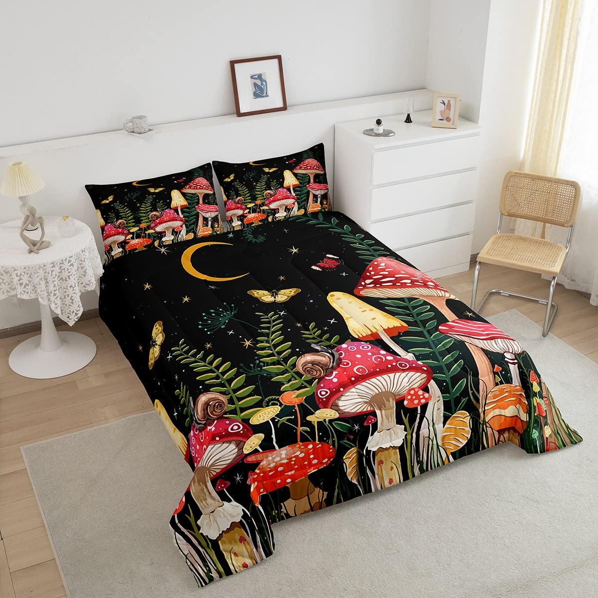 Feelyou Kids Mushroom Bedding Set Natural Wild Fungus Comforter Set For Kids Boys Girls Botanical Plants Duvet Set Butterfly Com