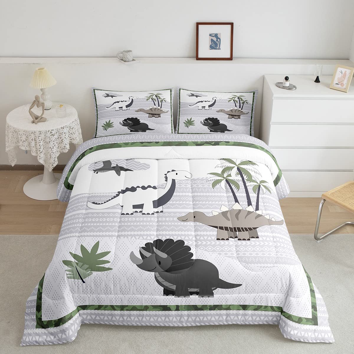 Castle Fairy Kawaii Dinosaur Full Size Comforter Set,Cartoon Animals Bedding Set For Adults Teens,Children Green Palm Leaves Com