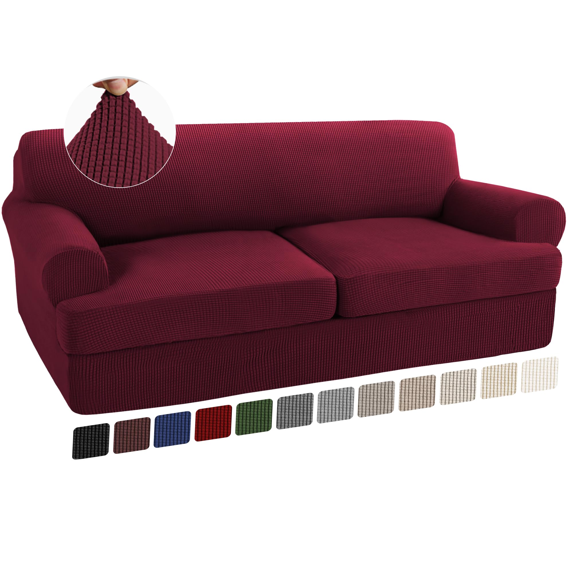 Turquoize 3 Piece T Cushion Sofa Slipcovers Sofa Cover For T Cushion Sofa Couches Stretch Couch Cover Furniture Covers With 2 Individual T Cushion Covers, Machine Washable (2 Cushion Sofa, Burgundy)