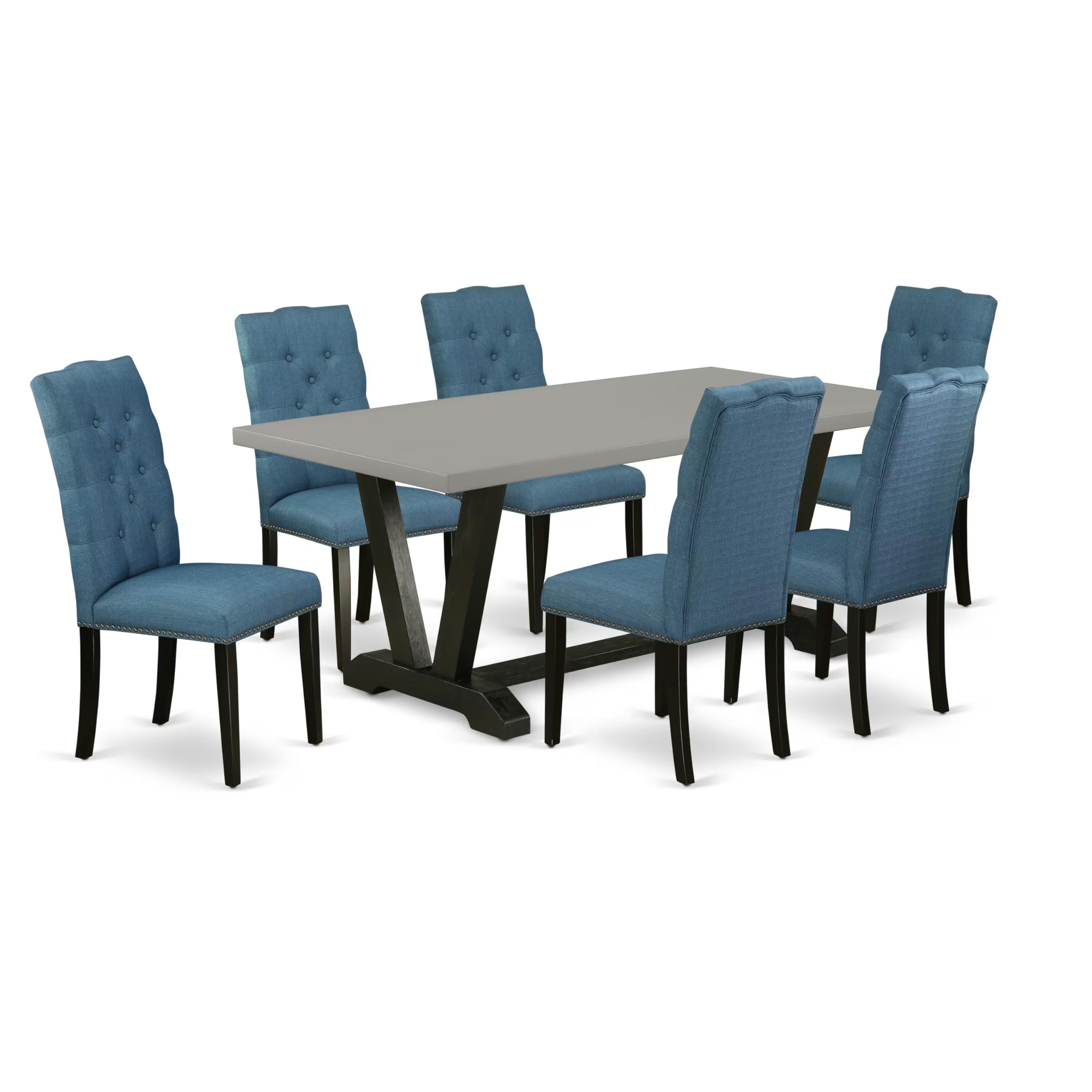 East West Furniture V697El121-7 7 Piece Dining Set Consist Of A Rectangle Dining Room Table With V-Legs And 6 Blue Linen Fabric Upholstered Chairs, 40X72 Inch, Multi-Color