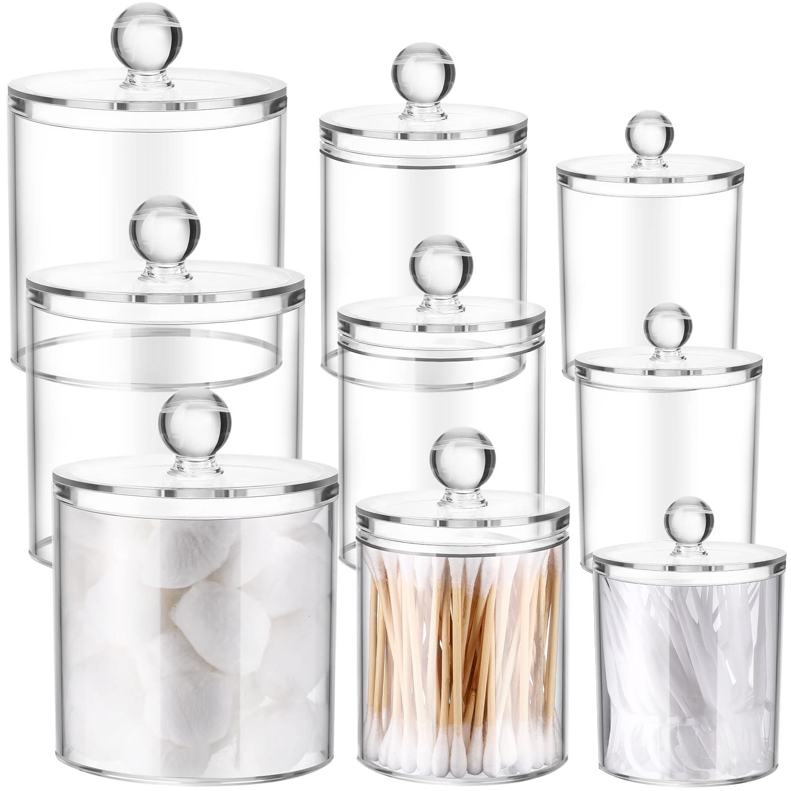 9 Pack Acrylic Holder Dispenser Plastic Apothecary Jars with Lids for Cotton Ball, 10/22/39 oz Clear Plastic Storage Jars Floss 