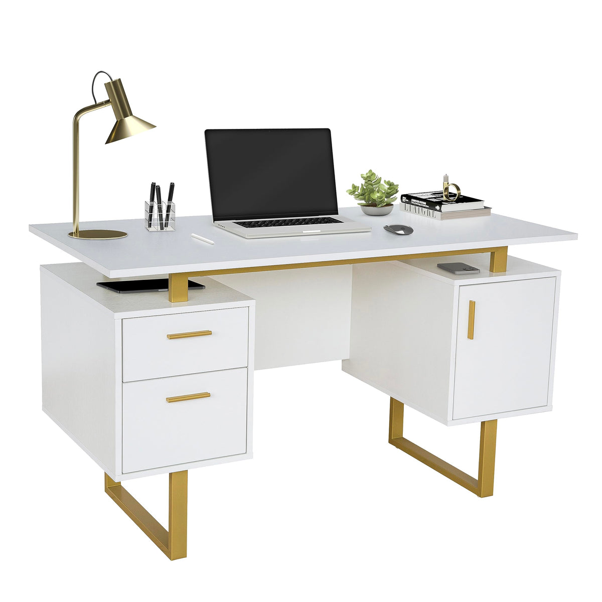 Techni Mobili Storage Drawers and Cabinet 51.25” W-Modern Office Large Floating Desktop Surface Desk, 23.6&quot; D x 51.2&quot; W x 29.8&quot; H, White/Gold