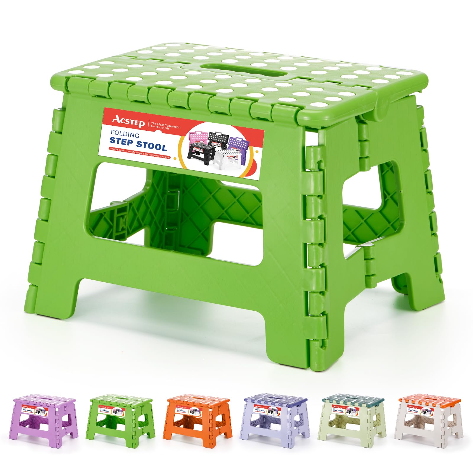 Acstep 9 Inch Folding Step Stool 300 Lb Capacity Plastic Foldable Step Stools For Kids And Adults, Folding Stool Suitable For Kitchen, Stepping Stool With Handle Green Small Step Stool 1Pc