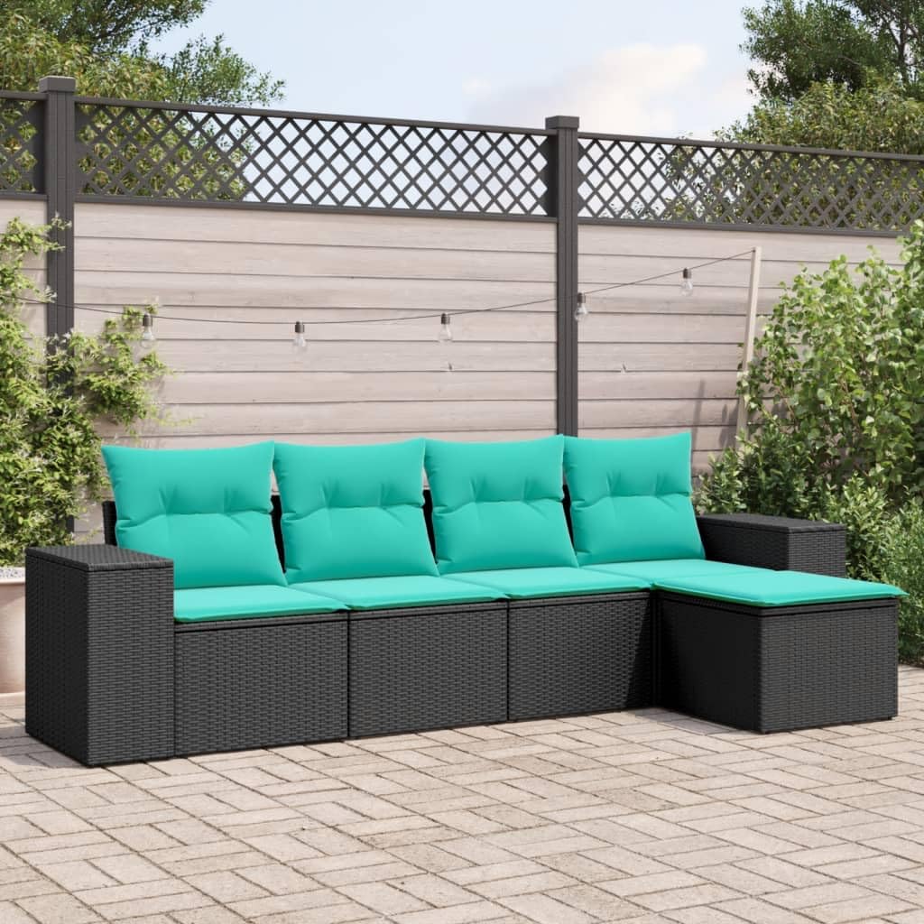 vidaXL Patio Sofa Set with Cushions - 5 Piece Black Poly Rattan Outdoor Furniture - Modular Design with Storage Function, Removable Covers for Garden, Terrace, Patio