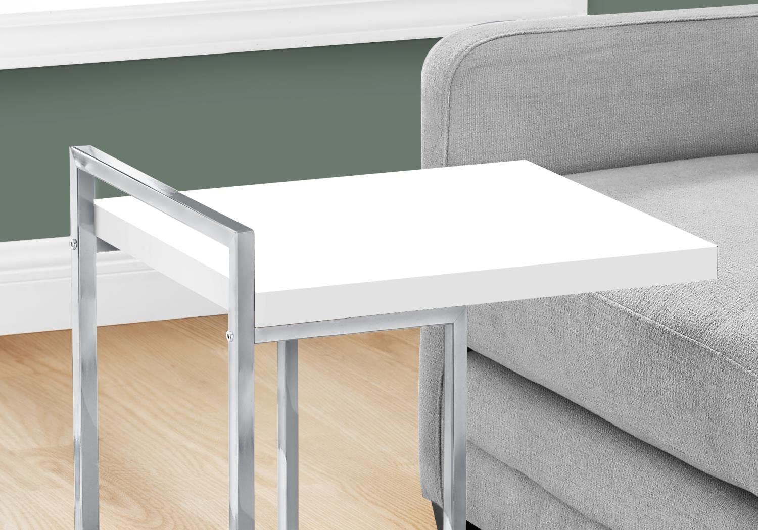 Monarch Specialties 3636 Accent Table, C-shaped, End, Side, Snack, Living Room, Bedroom, Laminate, Contemporary, Modern Table-25 H/Glossy White/Chrome Metal, 16&quot; L x 18.25&quot; W x 26.5&quot; H