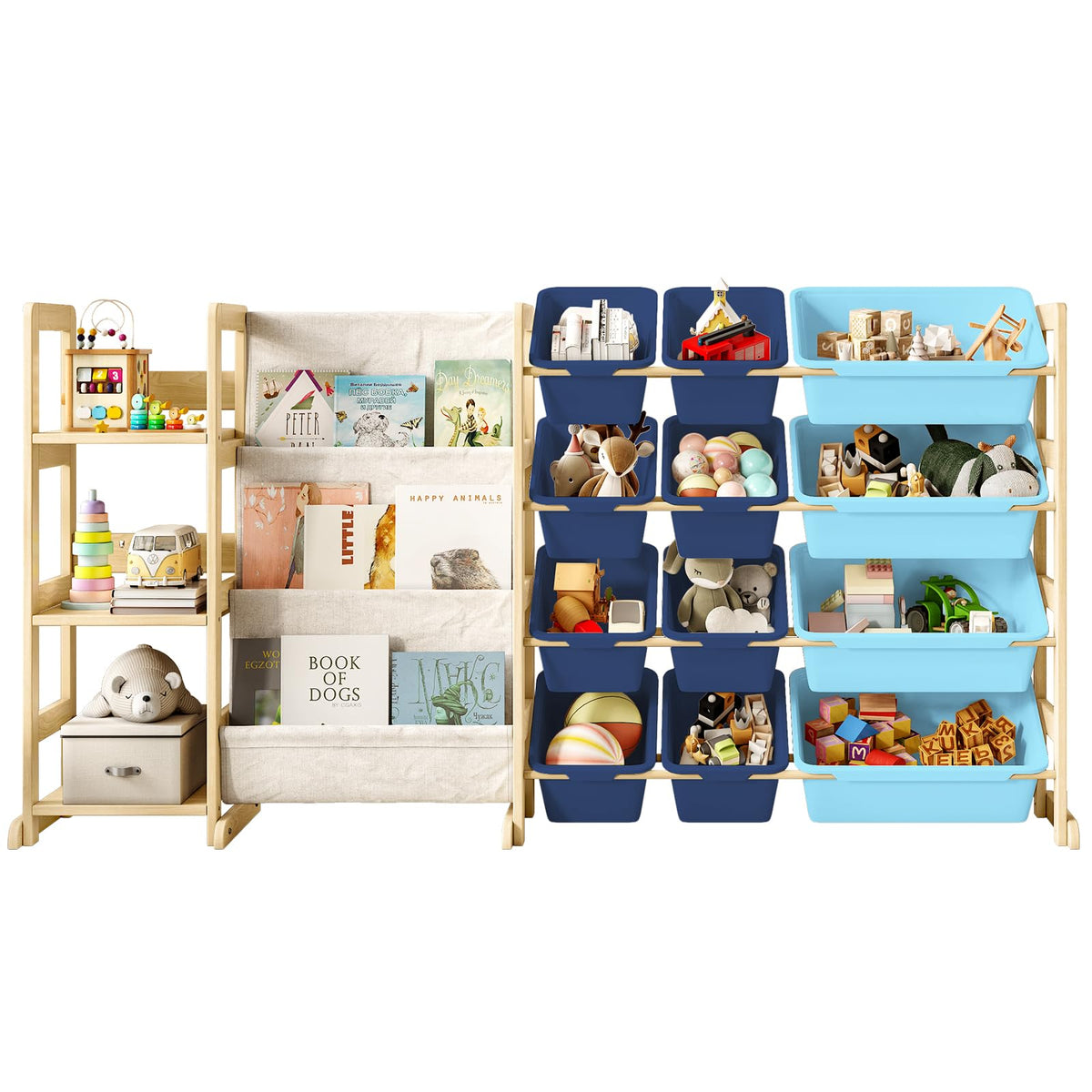 EXPERLAM 3in1 Kids Bookshelf with Toy Storage, Front Rack, 12 Blue Bins