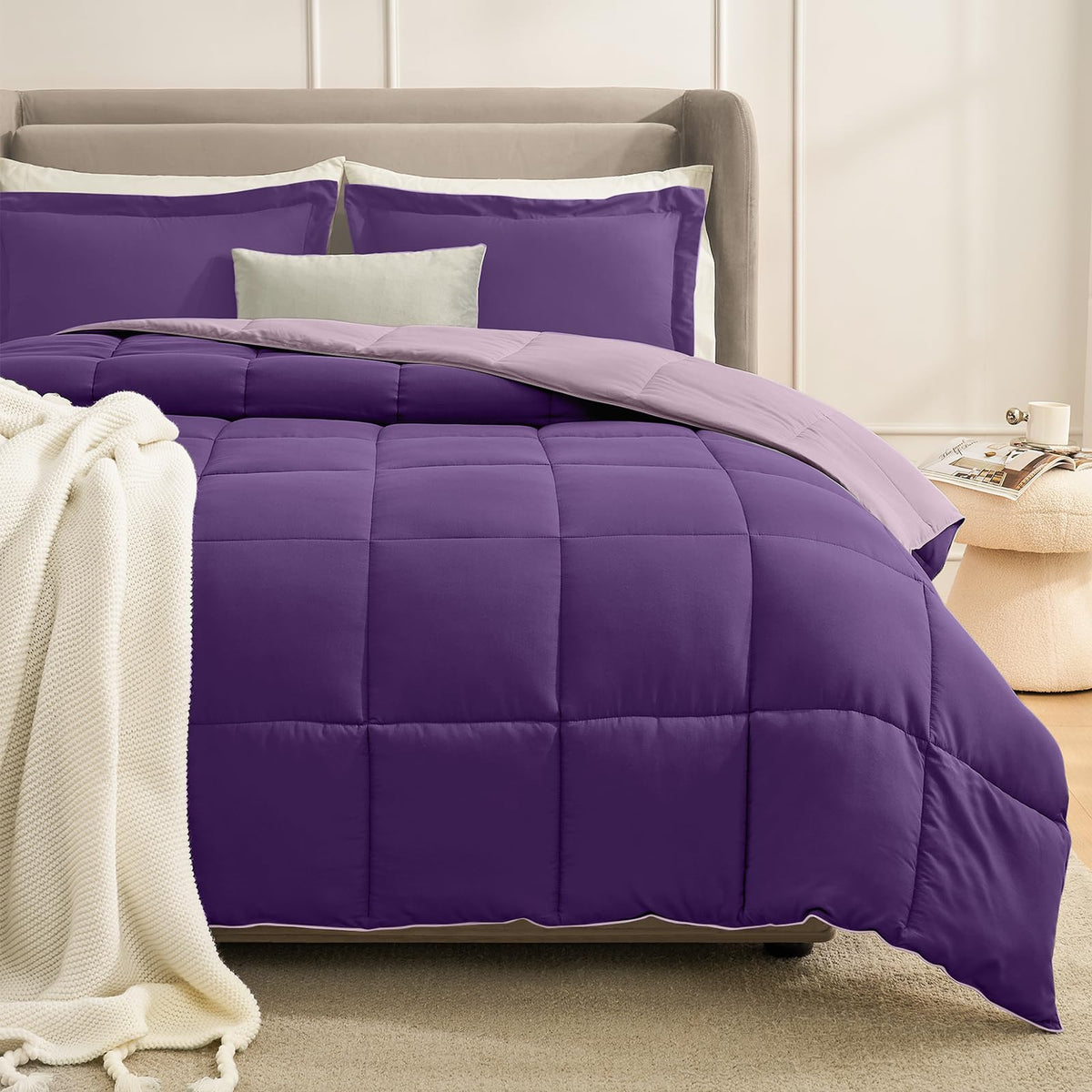 Homelike Moment King Size Comforter Set Purple, Lightweight Reversible Comforter Sets King Size Bed, Soft Down Alternative King
