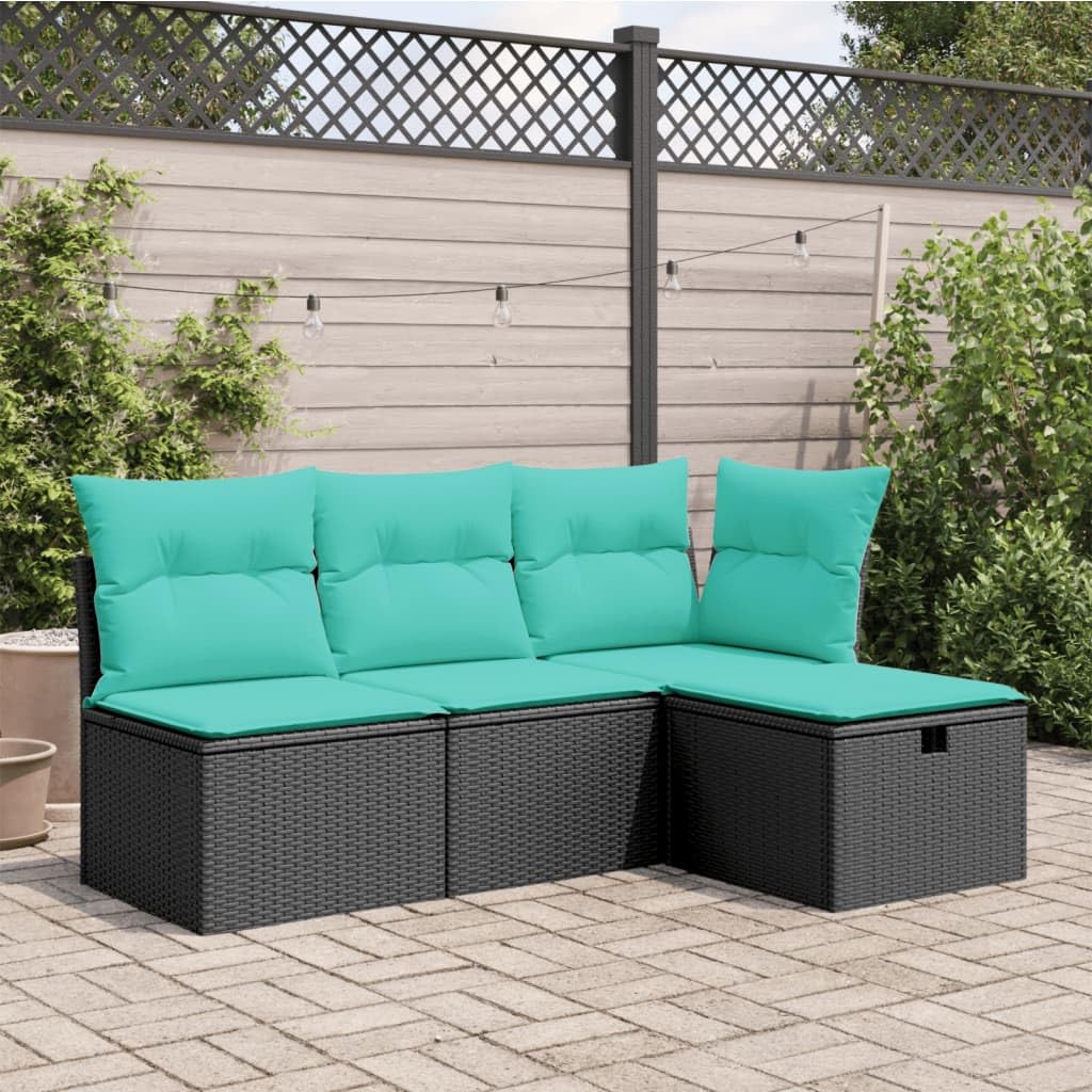 vidaXL Patio Stool with Outdoor Ottoman Storage, Black Poly Rattan, Blue Cushion, UV-Resistant, Waterproof Cover- 21.7"x21.7"x14.6"