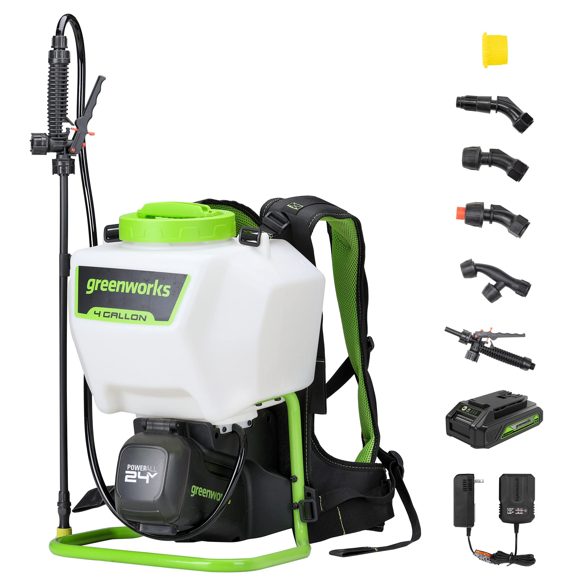 Greenworks 24V Cordless Backpack Sprayer (4 Gallon / 5 Tips / 25 Ft Spray) For Weeding, Spraying, And Cleaning, 2.0Ah Battery An