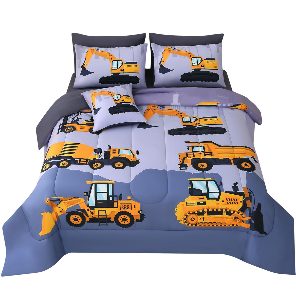 Jqinhome Construction Twin Bedding Sets For Boys Kids,6 Piece Bed In A Bag 3D Cartoon Car Excavator Tractor Comforter Set With S
