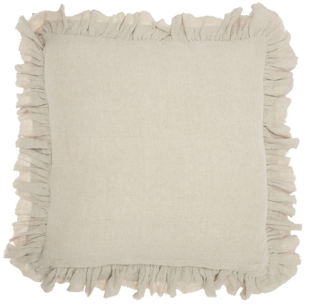 HomeRoots Grey Linen Dainty Ruffle Edged Beige Throw Pillow