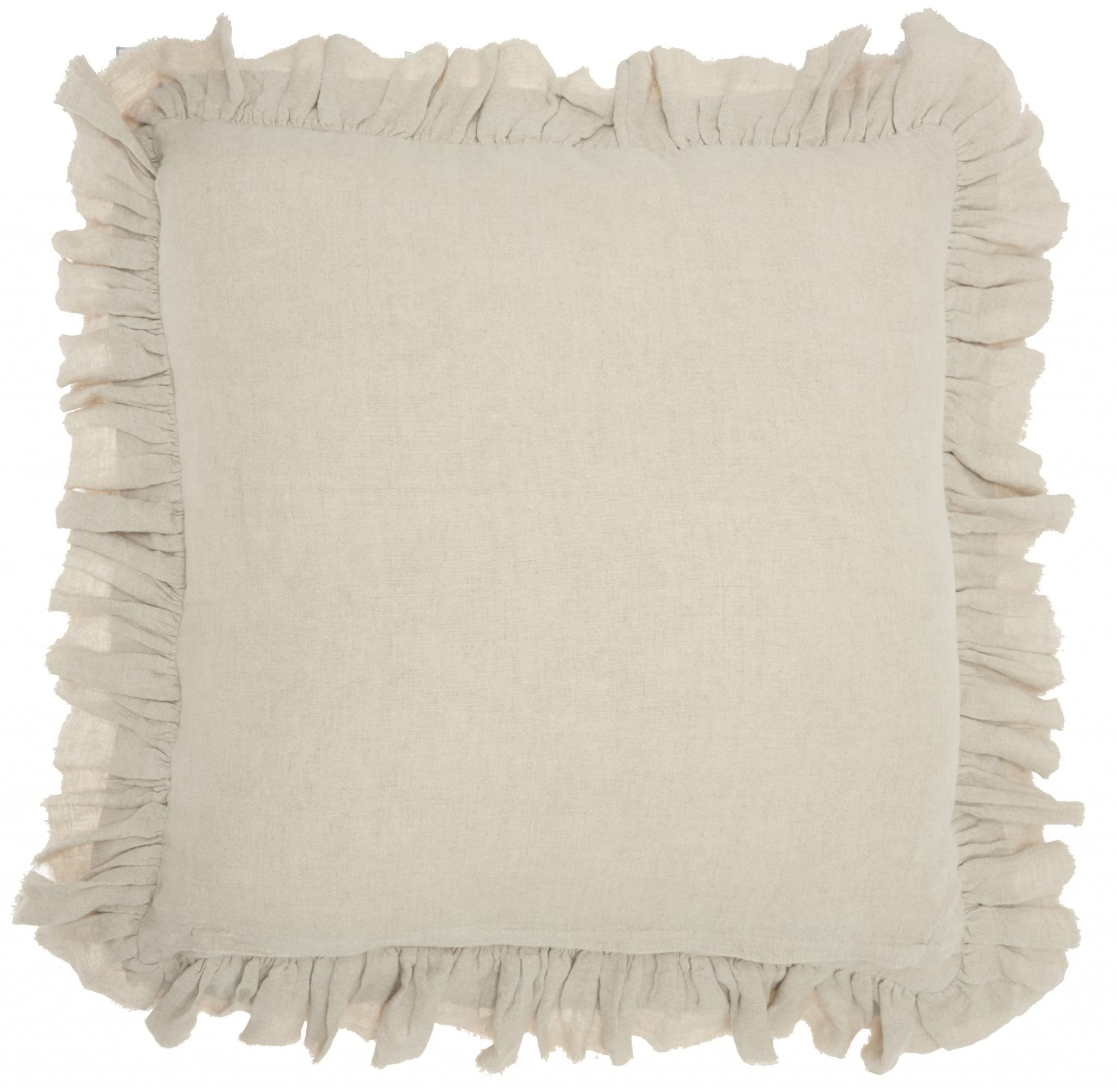 HomeRoots Grey Linen Dainty Ruffle Edged Beige Throw Pillow