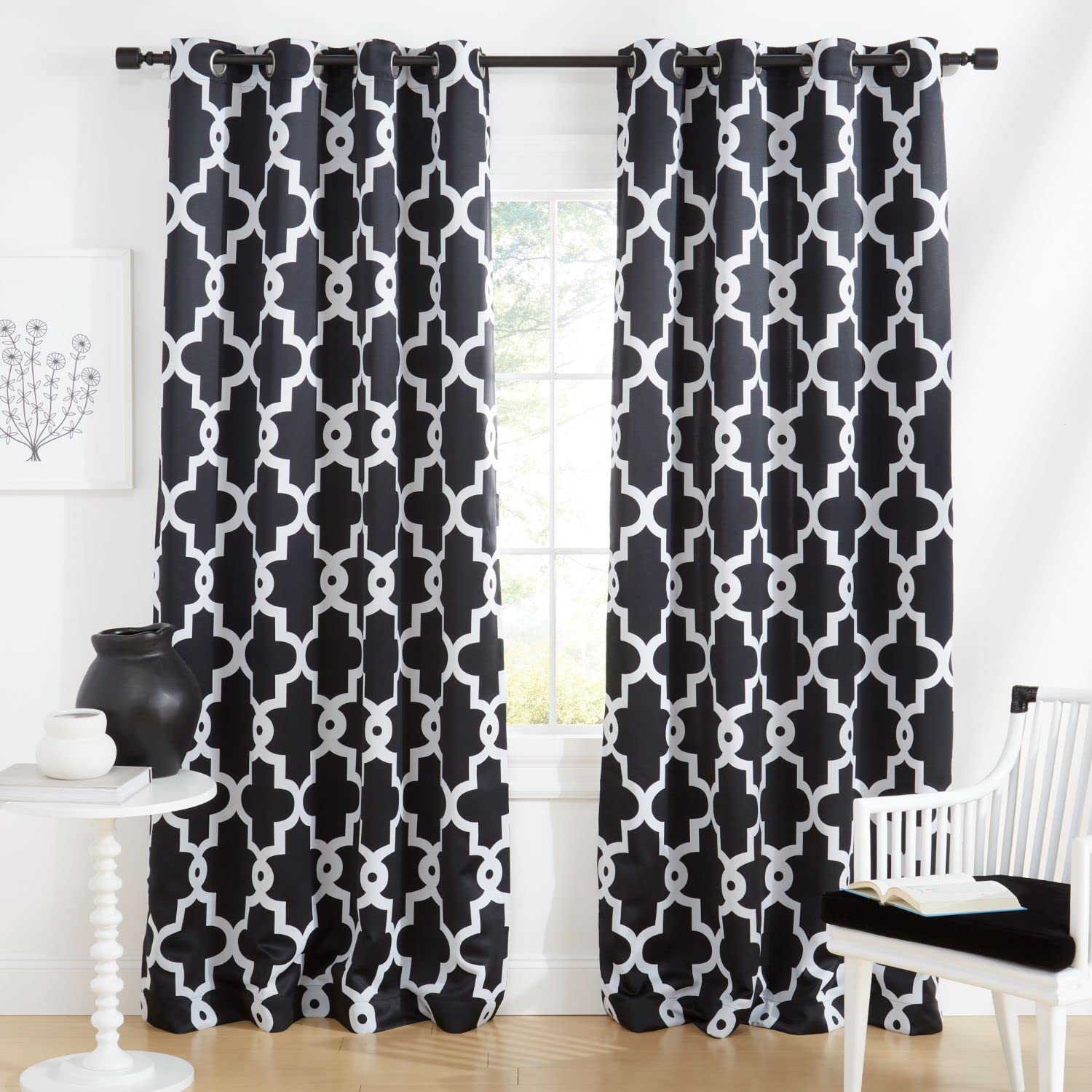 Exclusive Home Curtains Ironwork Sateen Woven Room Darkening Blackout Grommet Top Curtain Panel Pair, 52''x96'', Black