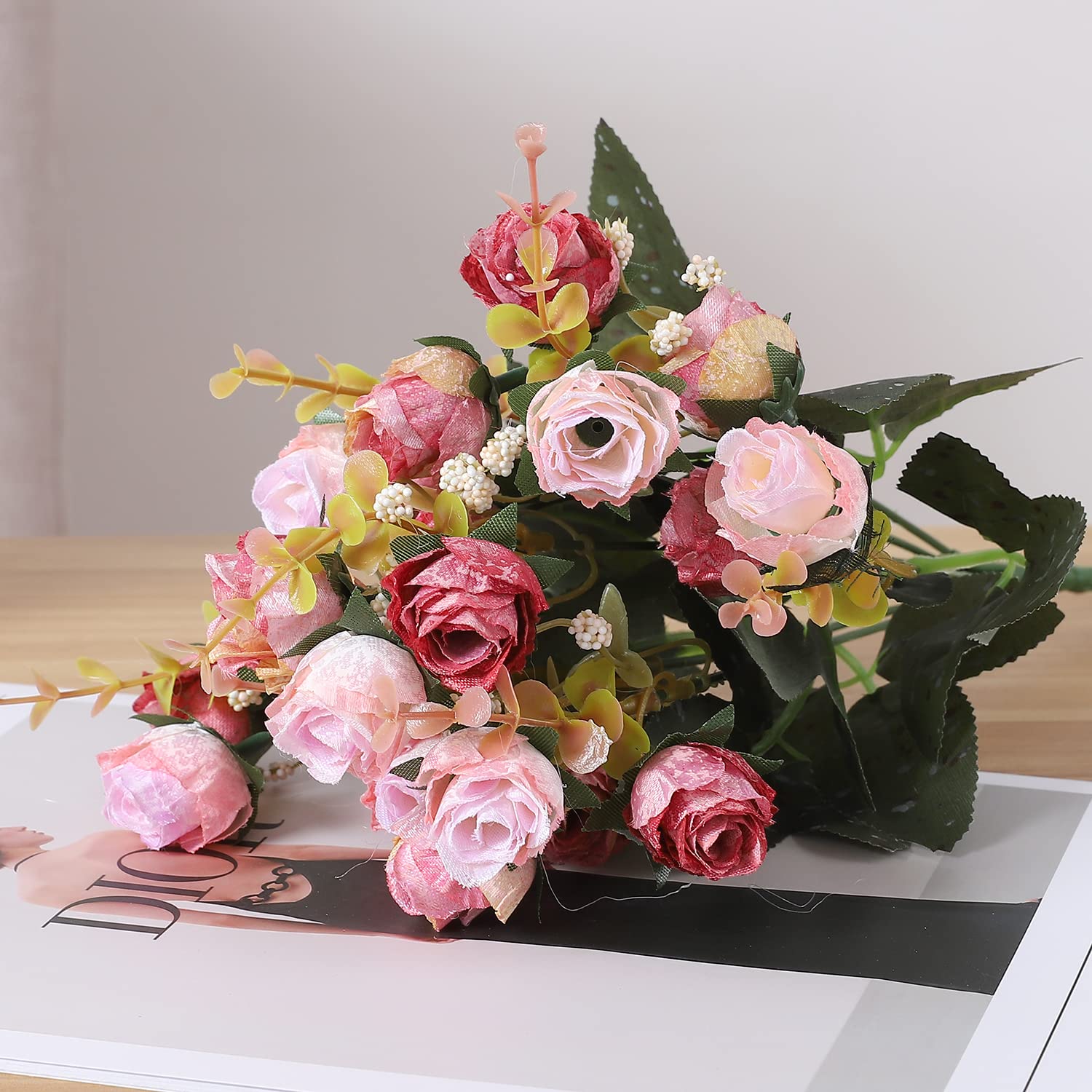 Duovlo 7 Branch 21 Heads Artificial Flowers Bouquet Mini Rose Wedding Home Office Decor,Pack Of 2 (2 Pcs Pink)