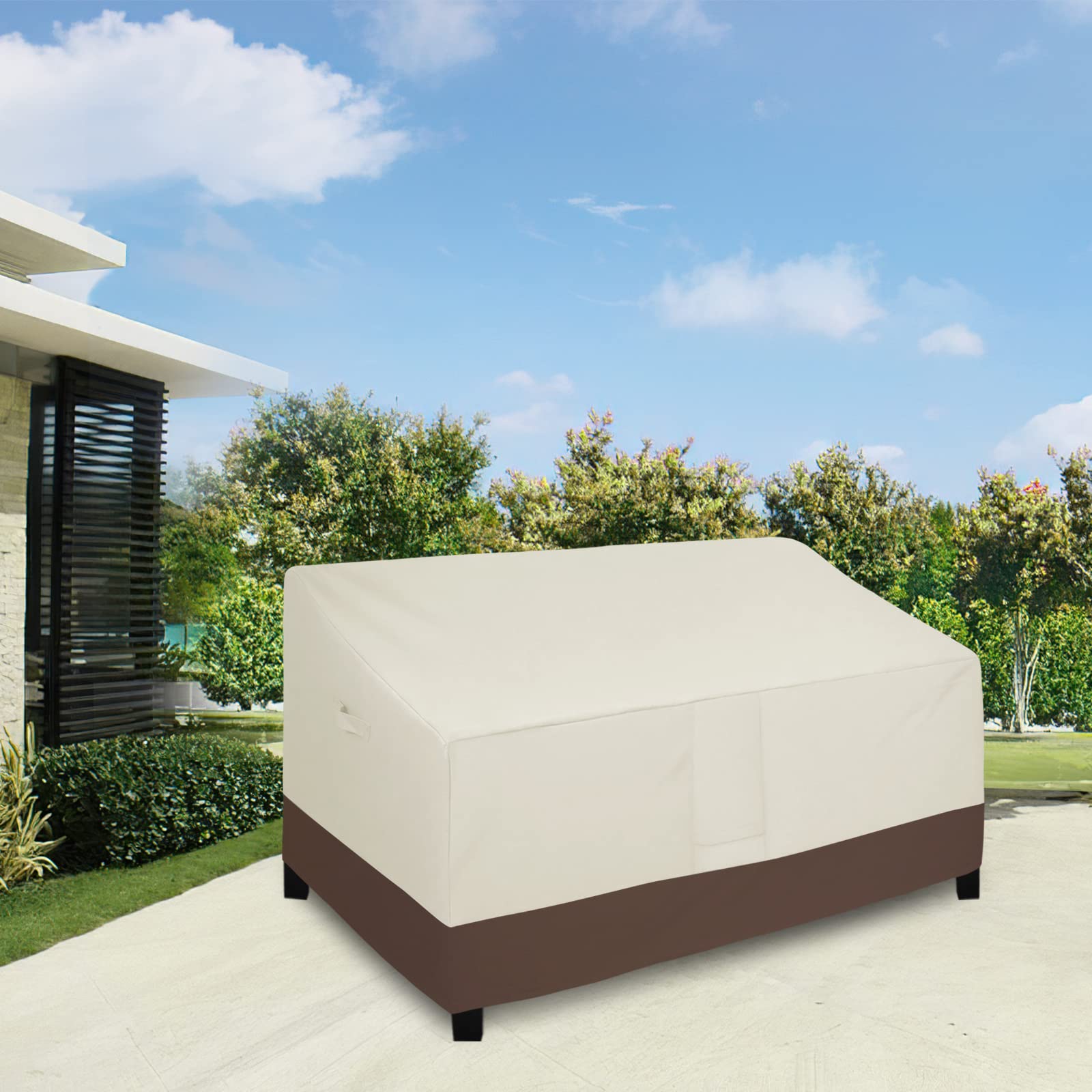 Easy-Going Waterproof Outdoor Loveseat Cover, Heavy Duty 2-Seater Patio Couch Cover, Windproof Outdoor Furniture Cover With Air Vent (90Wx35Dx33H Inch, Beige/Dark Brown)