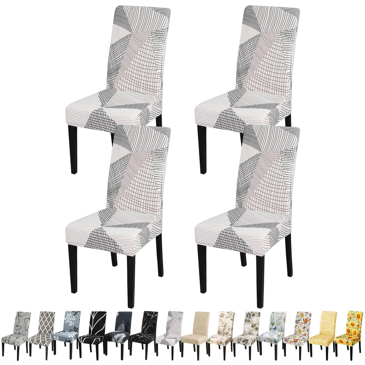 Jqinhome White Chair Covers For Dining Room Set Of 4, High Stretch Removable Washable Parsons Chair Slipcover For Home Party Hotel Wedding Ceremony (4Pcs, Geometric)